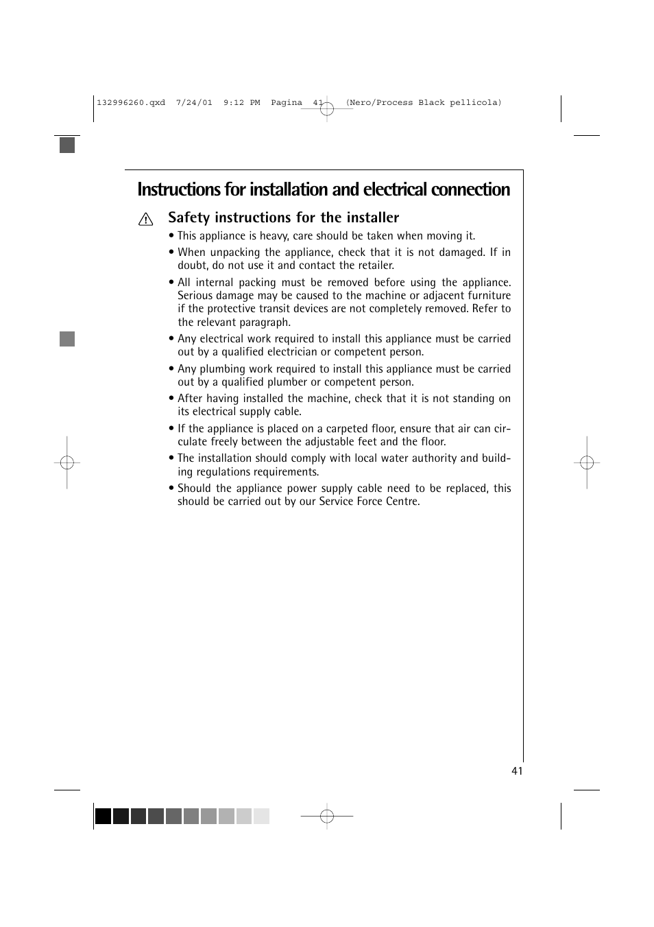 Safety instructions for the installer | Electrolux 10500 VI User Manual | Page 41 / 52