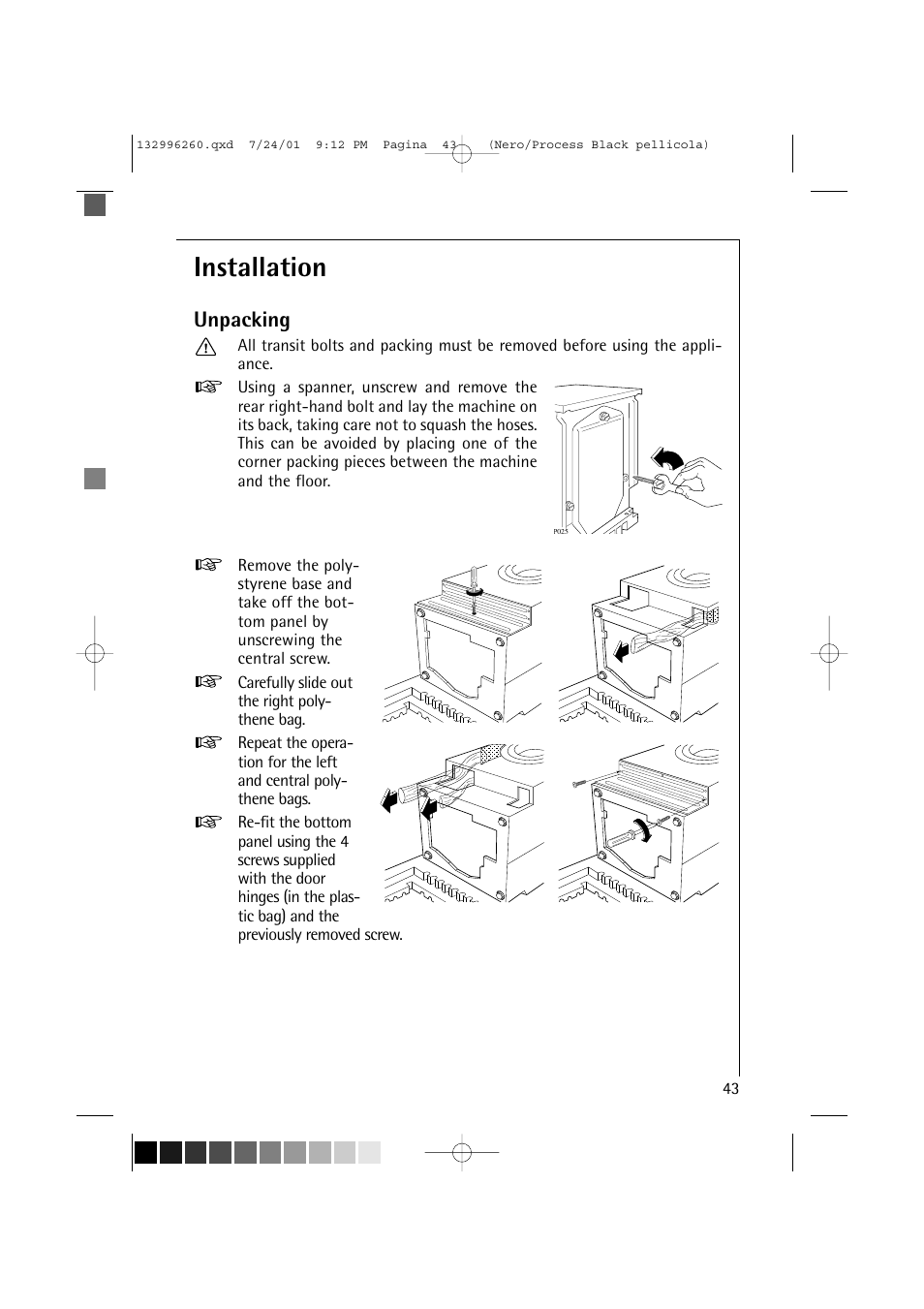 Installation, Unpacking | Electrolux 10500 VI User Manual | Page 43 / 52