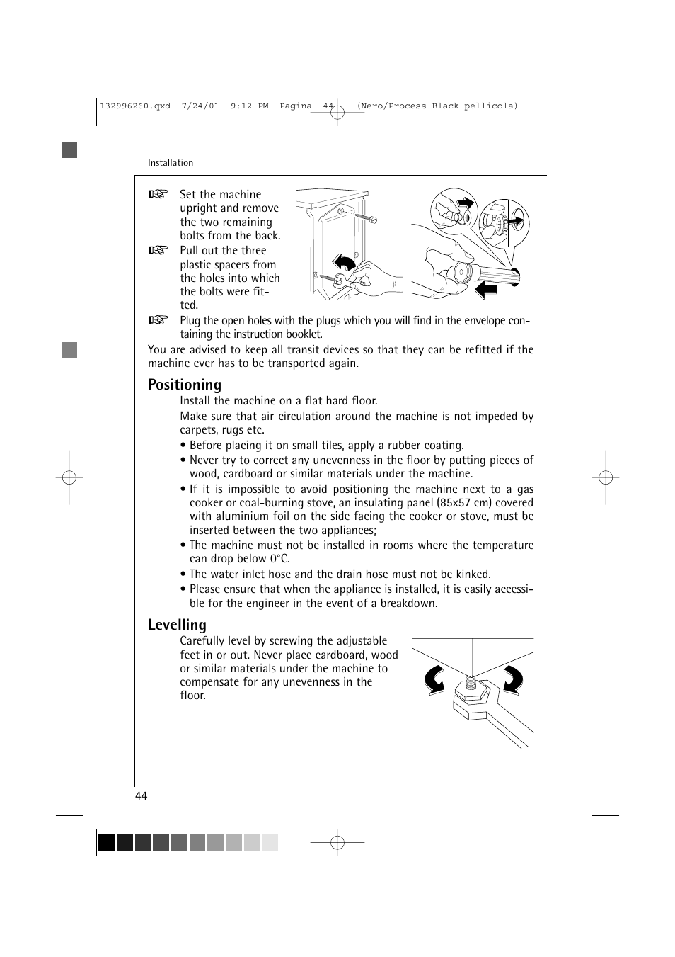 Positioning, Levelling | Electrolux 10500 VI User Manual | Page 44 / 52