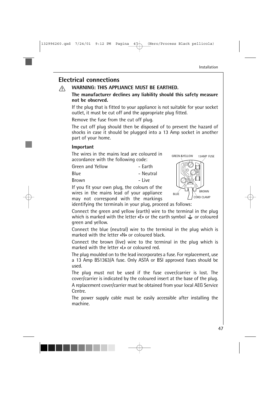 Electrical connections | Electrolux 10500 VI User Manual | Page 47 / 52