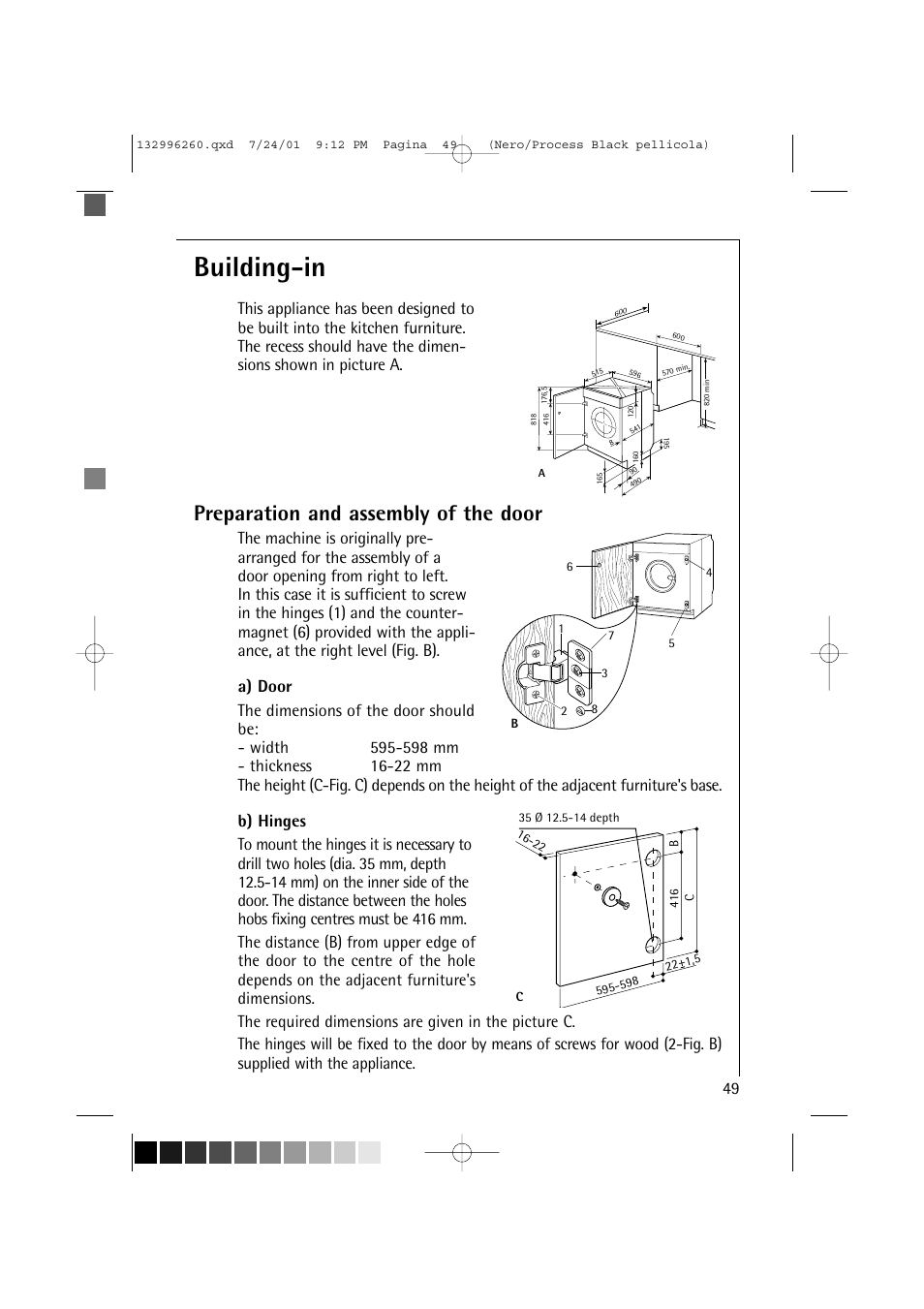 Building-in, Preparation and assembly of the door | Electrolux 10500 VI User Manual | Page 49 / 52