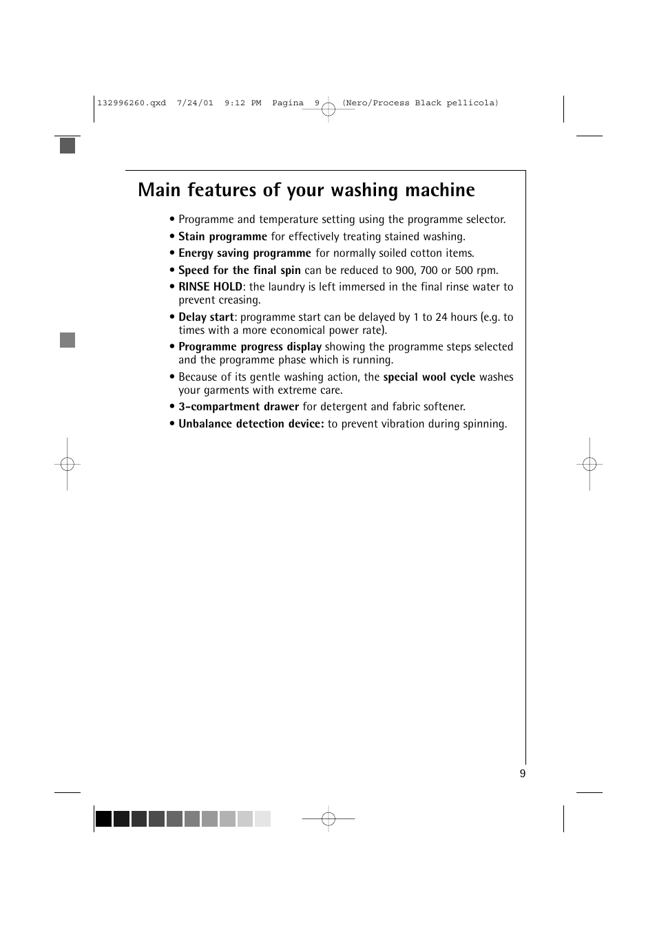 Main features of your washing machine | Electrolux 10500 VI User Manual | Page 9 / 52