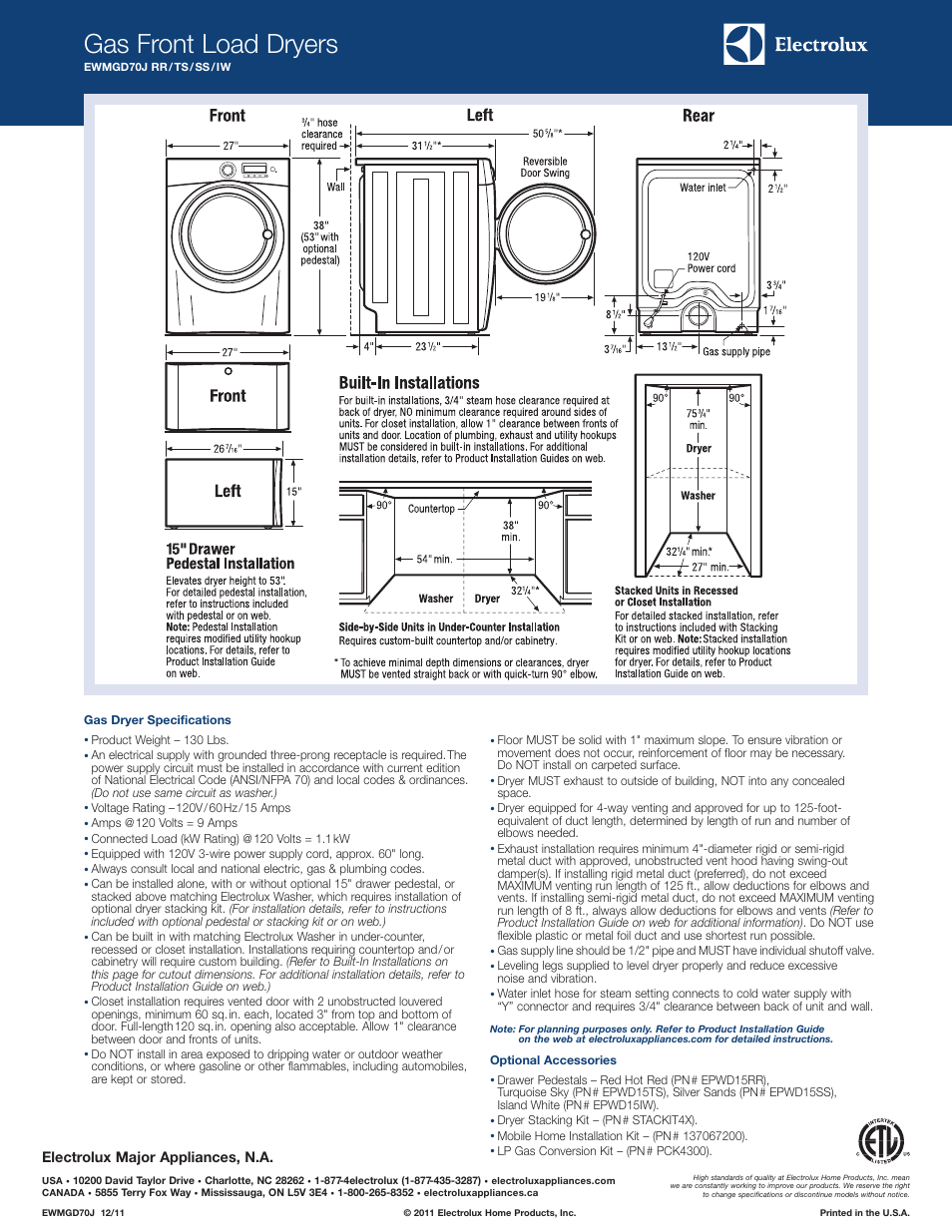 Gas front load dryers, Electrolux major appliances, n.a | Electrolux 27" GAS FRONT LOAD DRYERS EWMGD70J RR/TS/SS/IW User Manual | Page 2 / 2