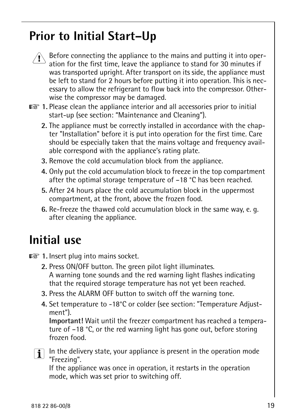 Prior to initial start–up, Initial use | Electrolux ARCTIS Electronic Freezer no_frost User Manual | Page 19 / 36