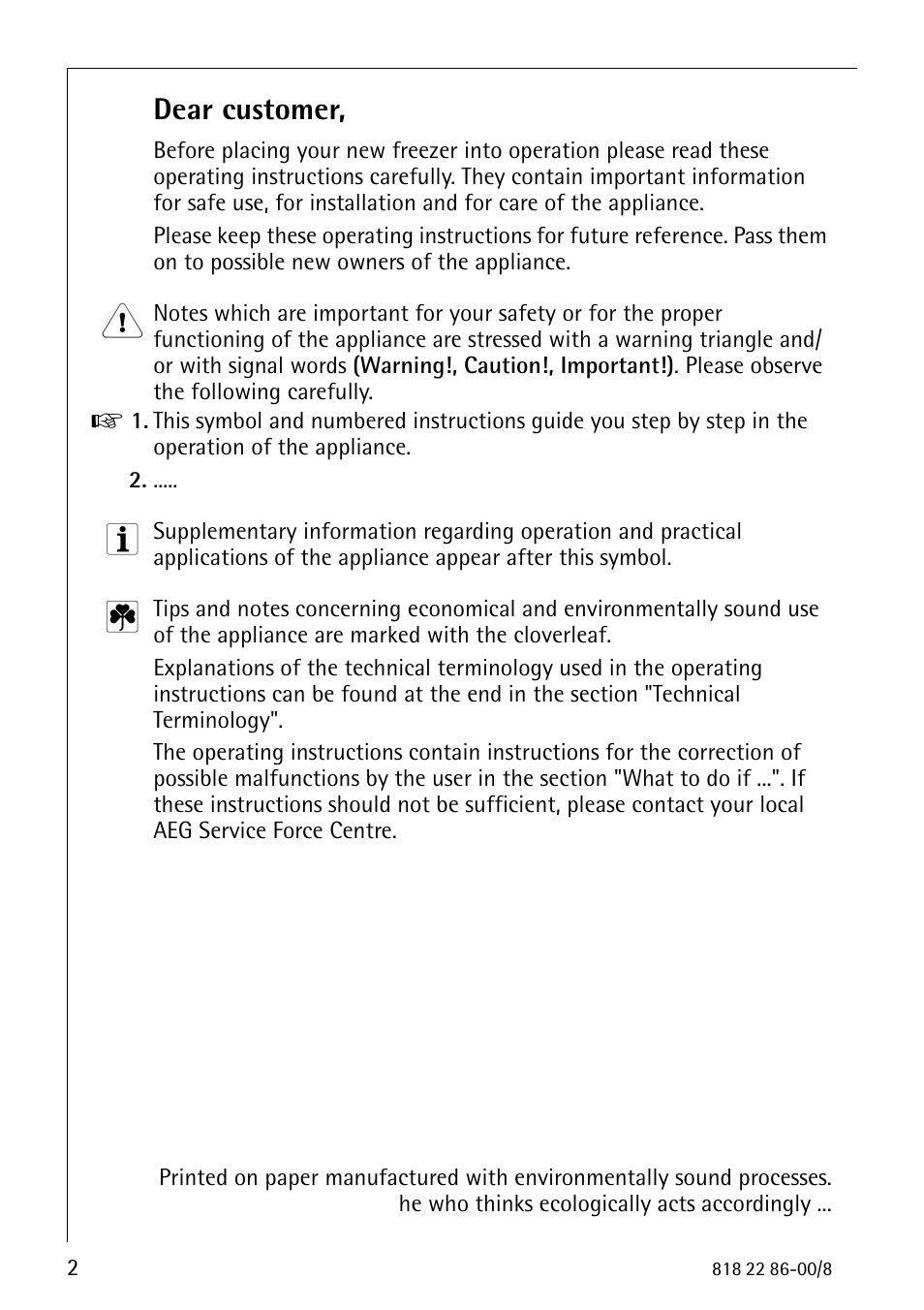 Dear customer | Electrolux ARCTIS Electronic Freezer no_frost User Manual | Page 2 / 36