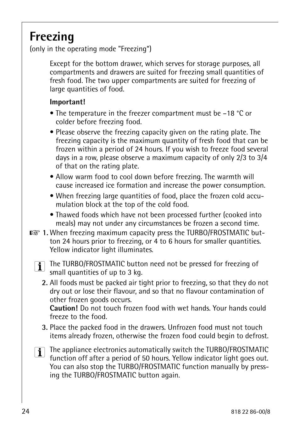Freezing | Electrolux ARCTIS Electronic Freezer no_frost User Manual | Page 24 / 36