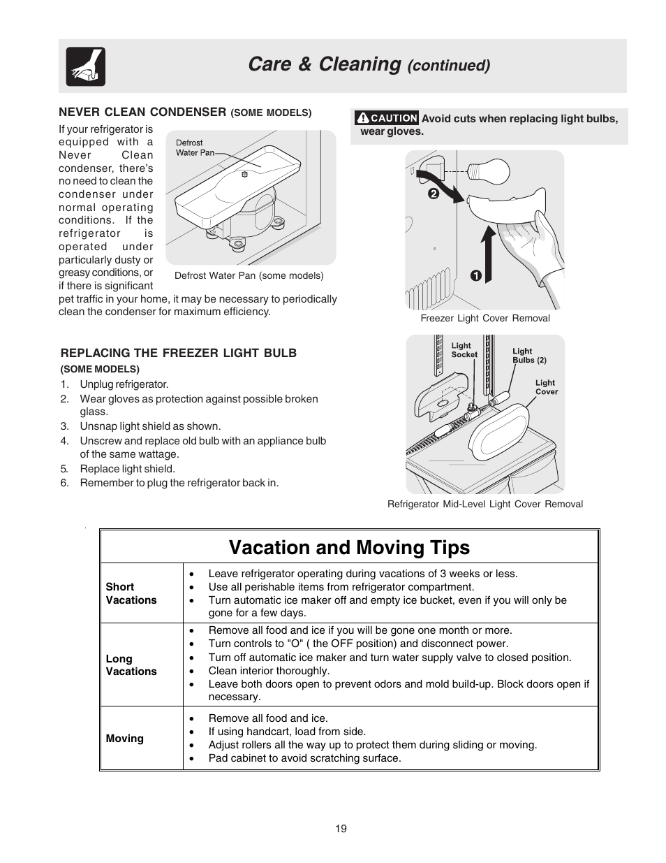 Care & cleaning, Vacation and moving tips, Continued) | Electrolux 240400112 User Manual | Page 19 / 21