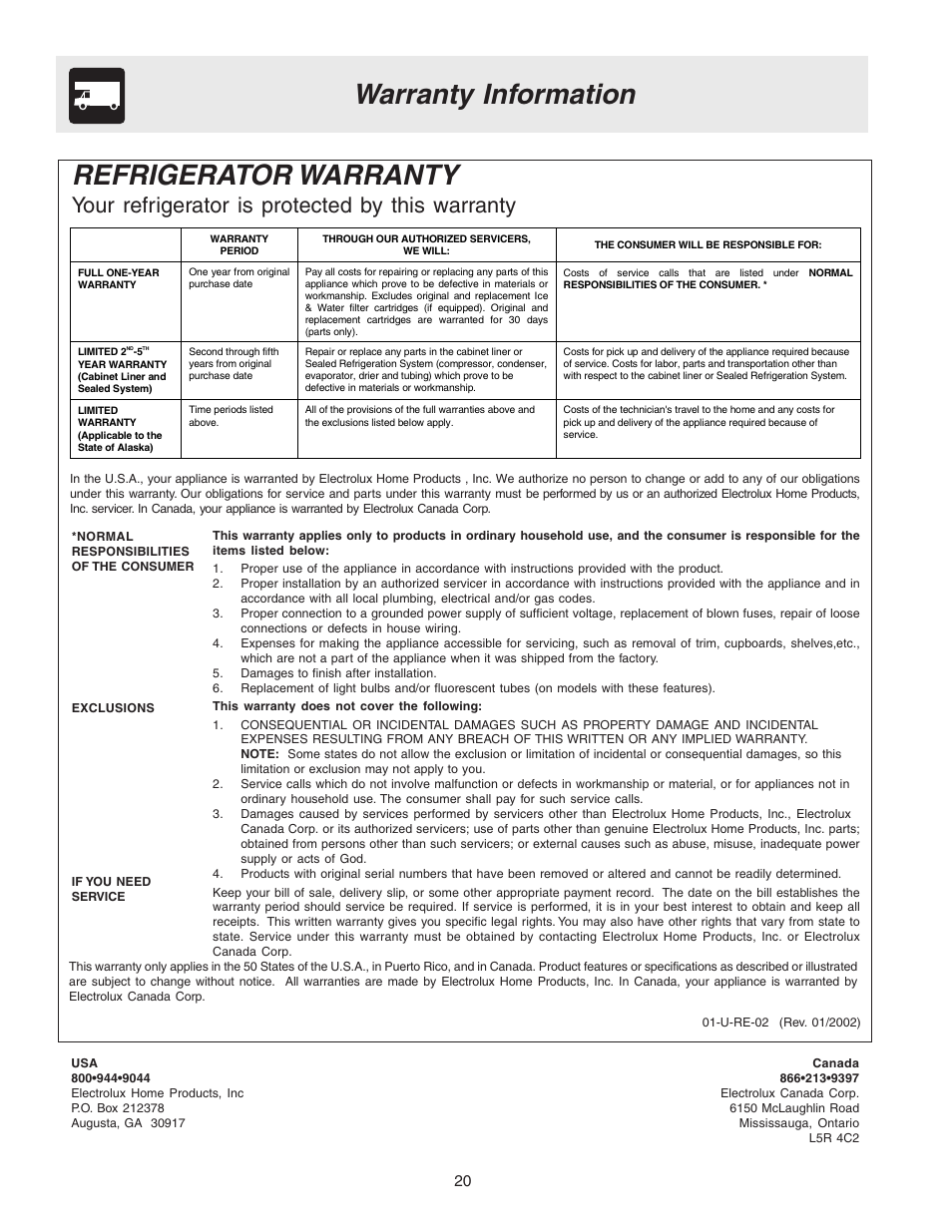 Warranty information refrigerator warranty, Your refrigerator is protected by this warranty | Electrolux 240400112 User Manual | Page 20 / 21