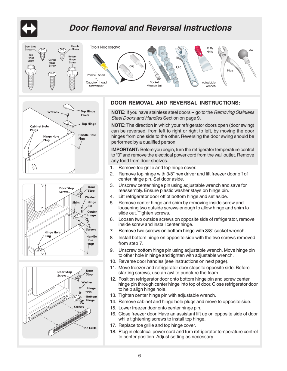 Door removal and reversal instructions | Electrolux 240400112 User Manual | Page 6 / 21