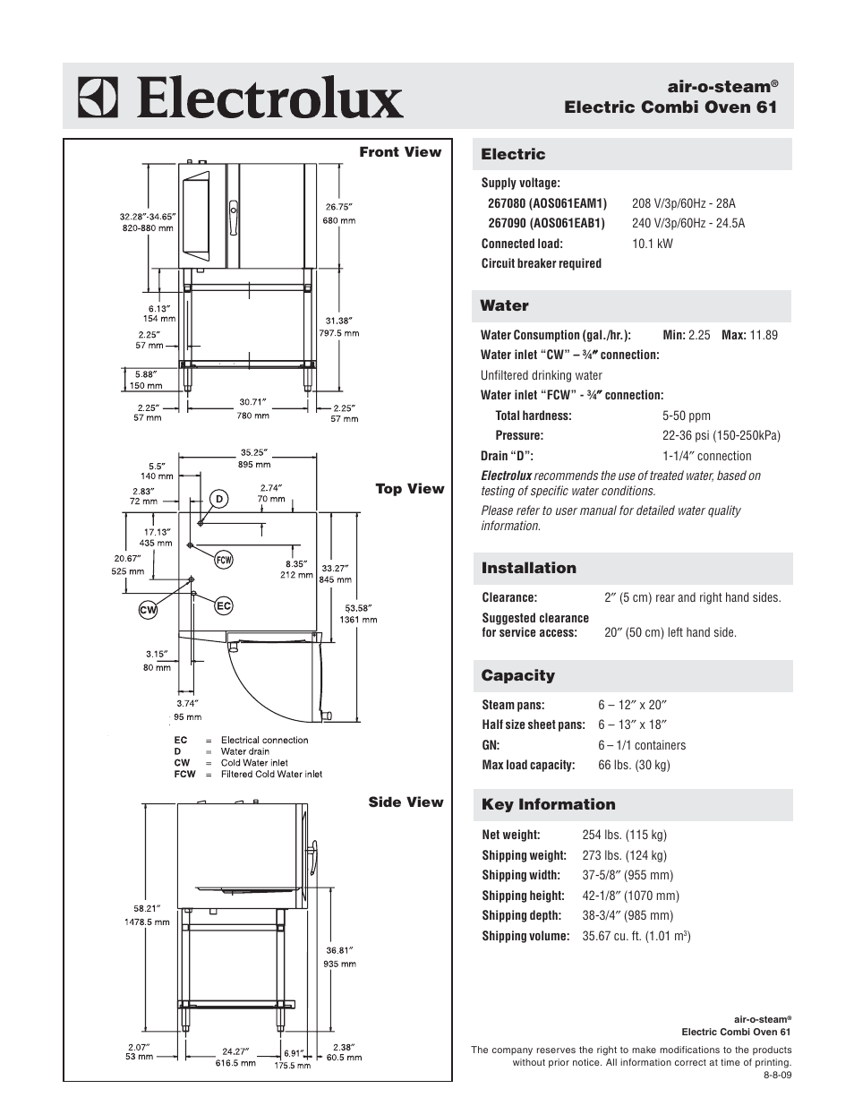 Air-o-steam, Electric combi oven 61 | Electrolux Air-O-Steam AOS061EAM1 User Manual | Page 2 / 2