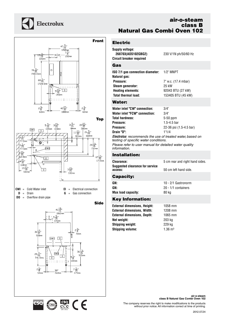 Air-o-steam class b natural gas combi oven 102 | Electrolux Class B Natural Gas Combi Oven 102 268703 User Manual | Page 2 / 3
