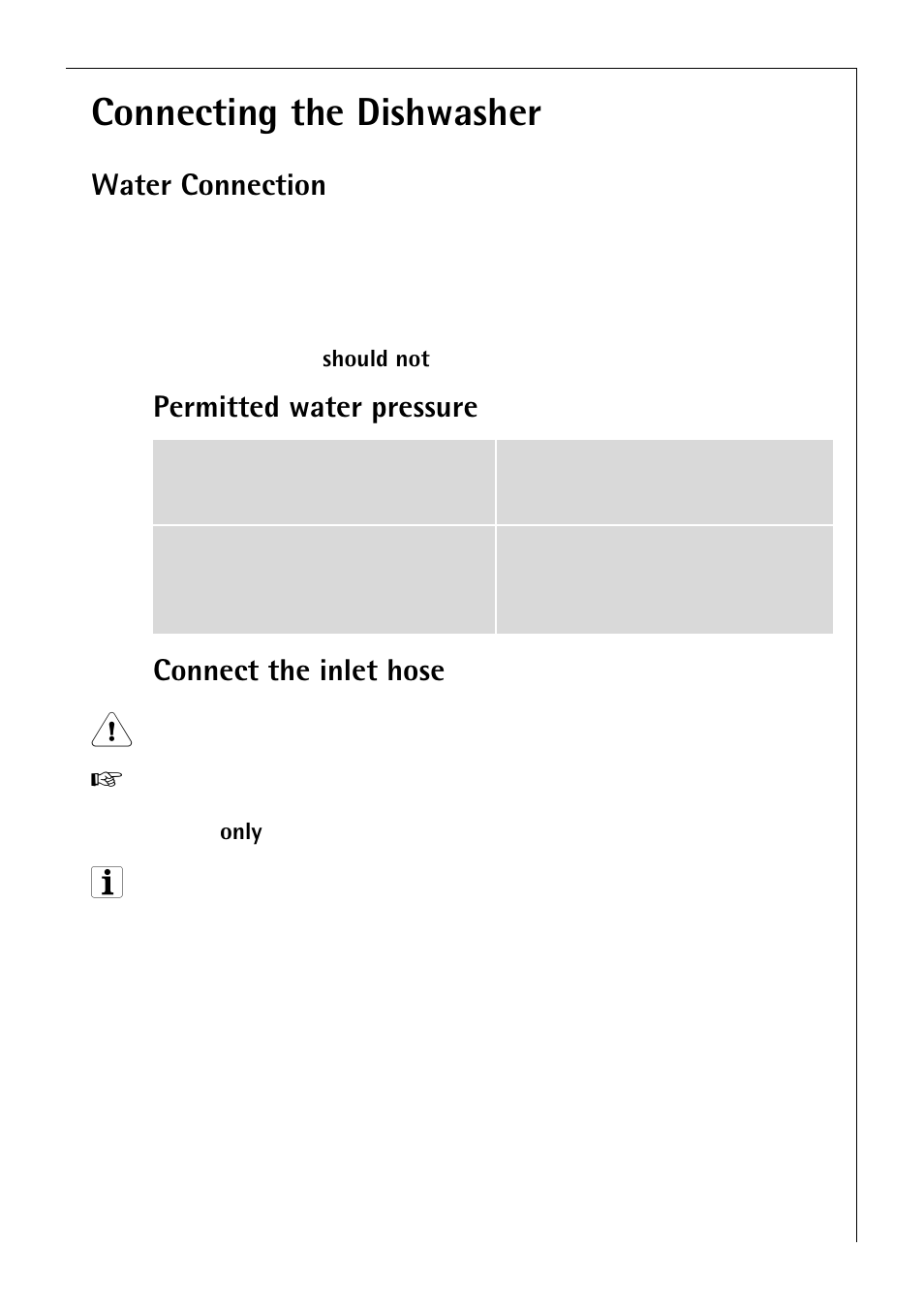 Connecting the dishwasher, Water connection, Permitted water pressure connect the inlet hose | Electrolux 50750 i User Manual | Page 33 / 40