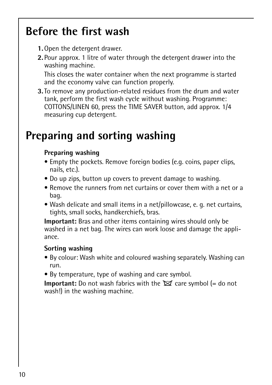 Before the first wash, Preparing and sorting washing | Electrolux LAVAMAT 50810 User Manual | Page 10 / 36