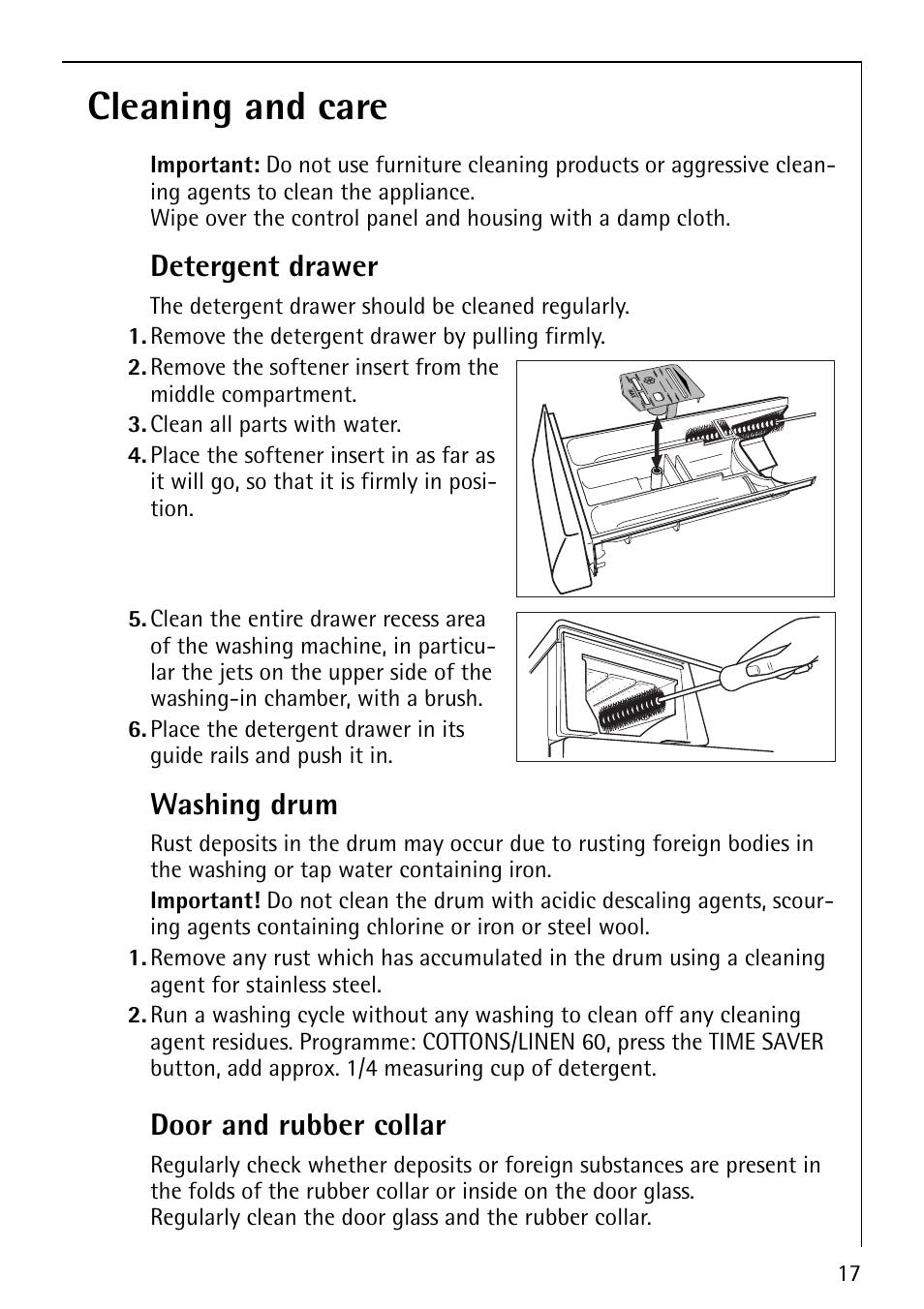 Cleaning and care, Detergent drawer, Washing drum | Door and rubber collar | Electrolux LAVAMAT 50810 User Manual | Page 17 / 36