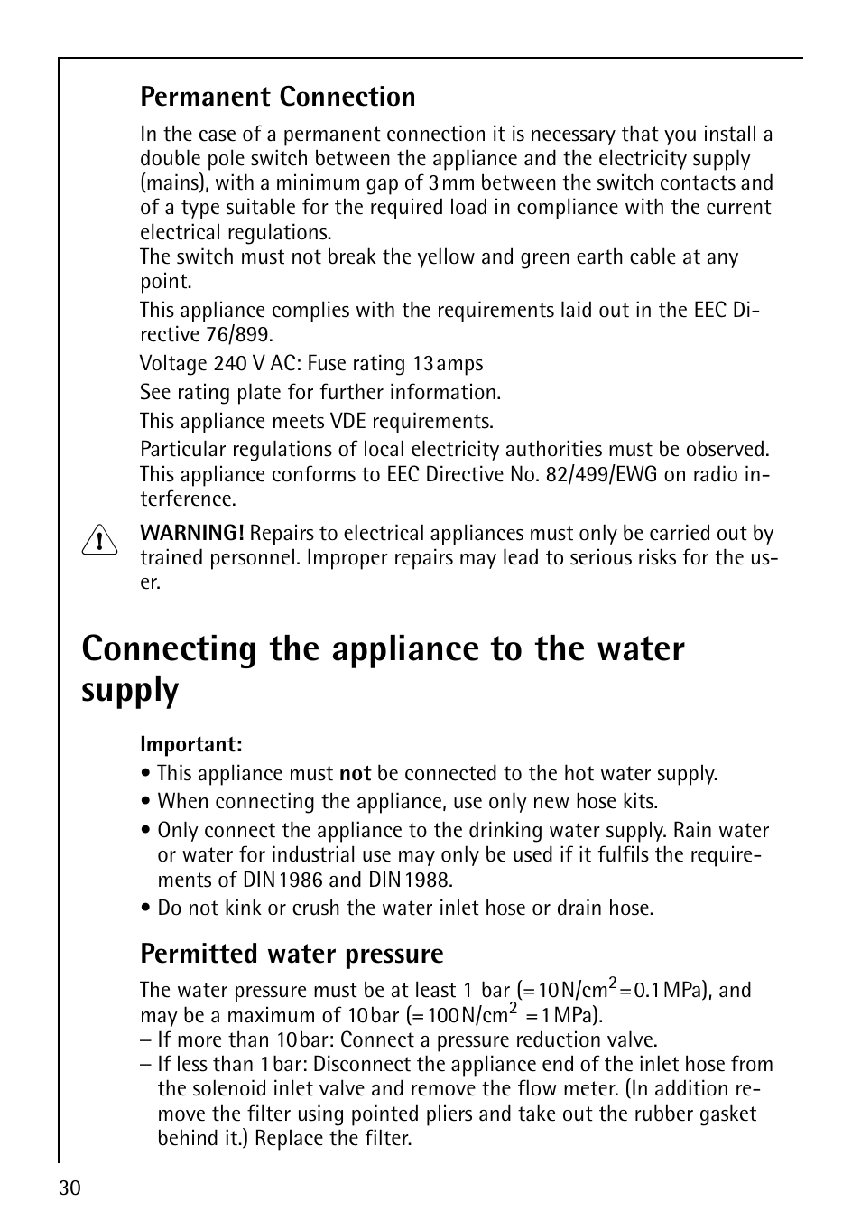 Connecting the appliance to the water supply, Permanent connection, Permitted water pressure | Electrolux LAVAMAT 50810 User Manual | Page 30 / 36