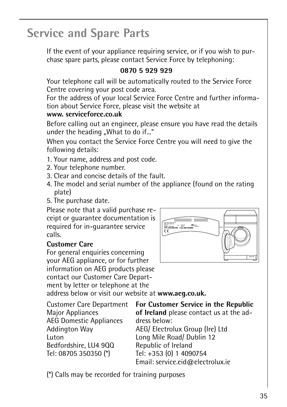 Service and spare parts | Electrolux LAVAMAT 50810 User Manual | Page 35 / 36