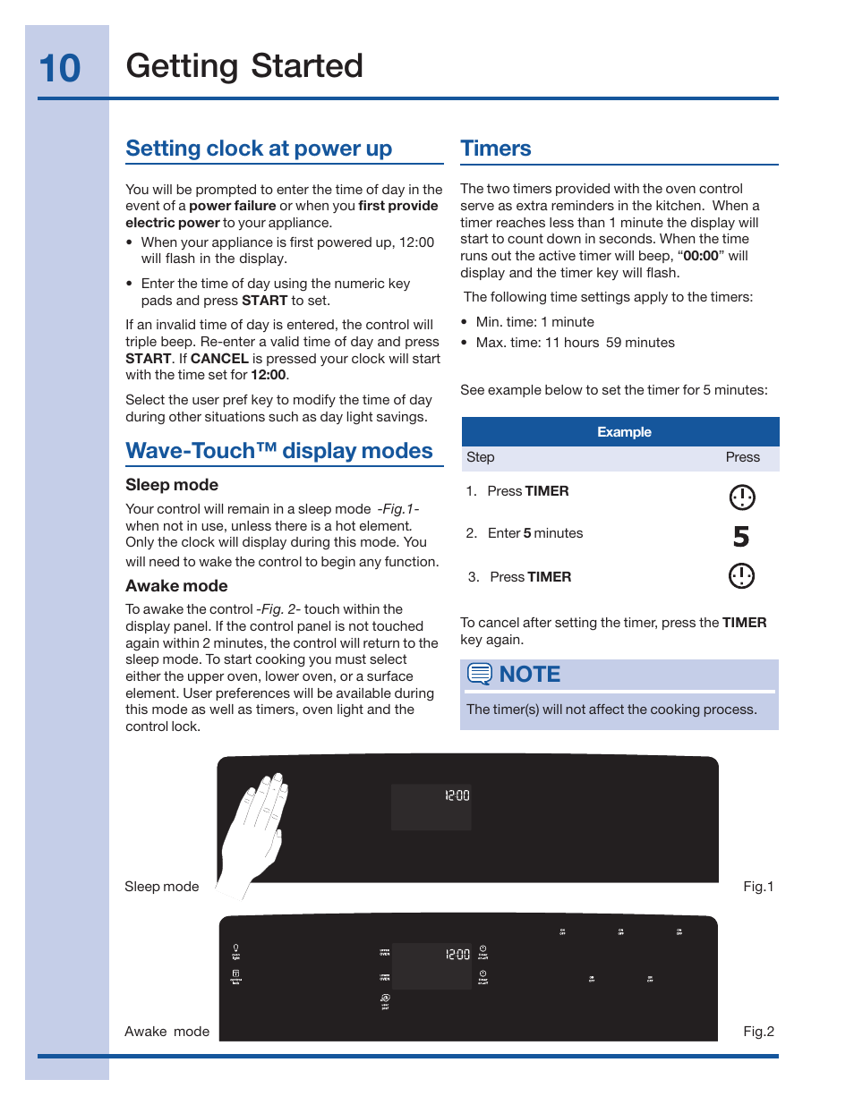 Getting started, Timers, Setting clock at power up | Wave-touch™ display modes | Electrolux 316520101 User Manual | Page 10 / 68