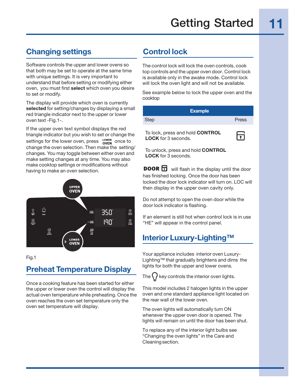 Getting started, Control lock, Changing settings | Interior luxury-lighting, Preheat temperature display | Electrolux 316520101 User Manual | Page 11 / 68