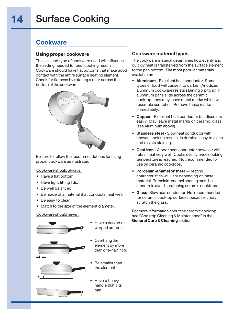 Surface cooking, Cookware | Electrolux 316520101 User Manual | Page 14 / 68