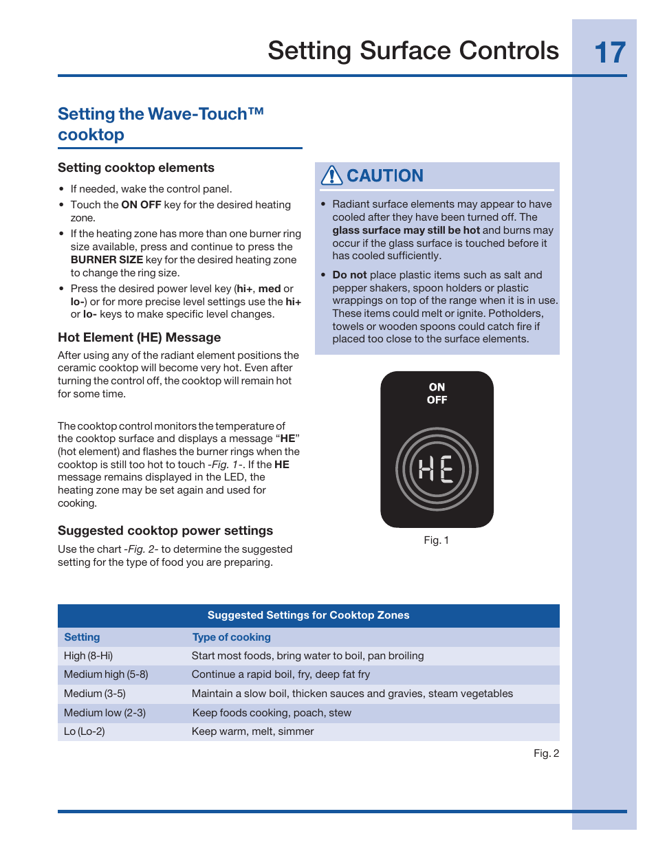 Setting surface controls, Setting the wave-touch™ cooktop | Electrolux 316520101 User Manual | Page 17 / 68