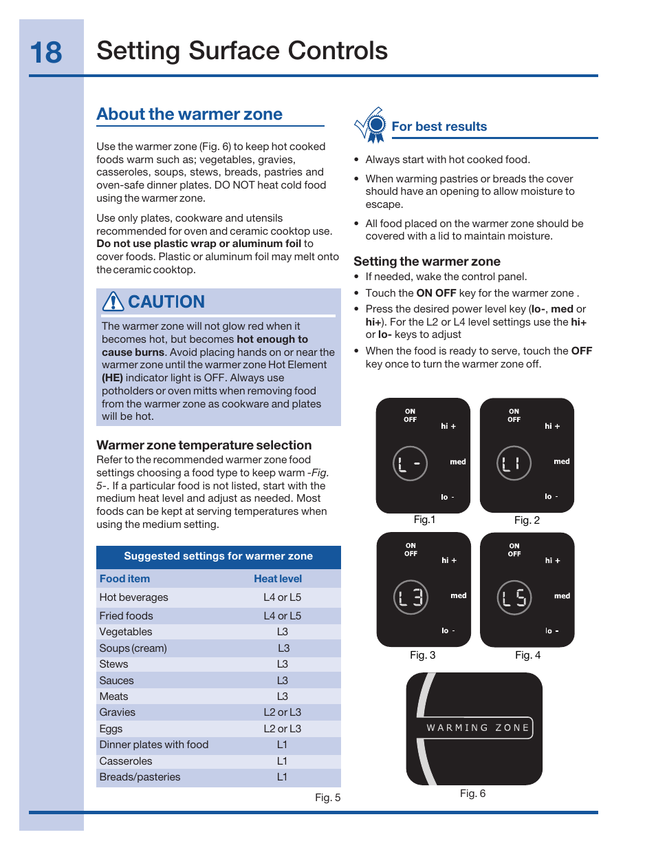 Setting surface controls, About the warmer zone | Electrolux 316520101 User Manual | Page 18 / 68