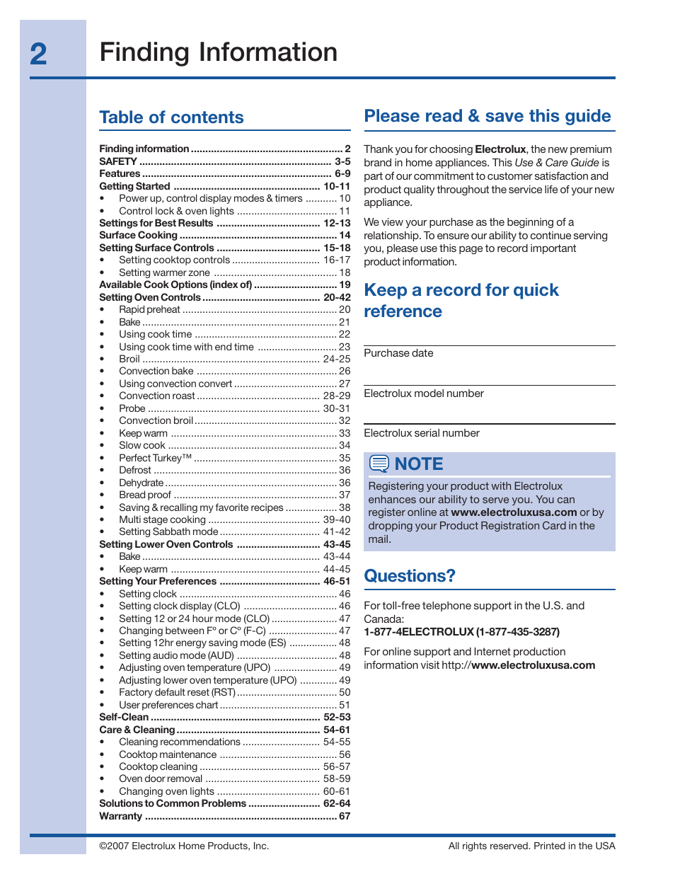 Electrolux 316520101 User Manual | Page 2 / 68