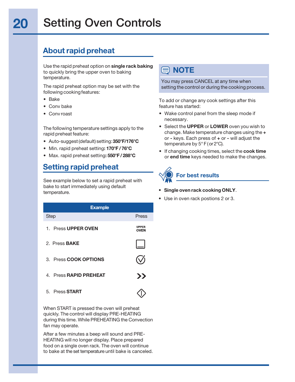 Setting oven controls, About rapid preheat | Electrolux 316520101 User Manual | Page 20 / 68
