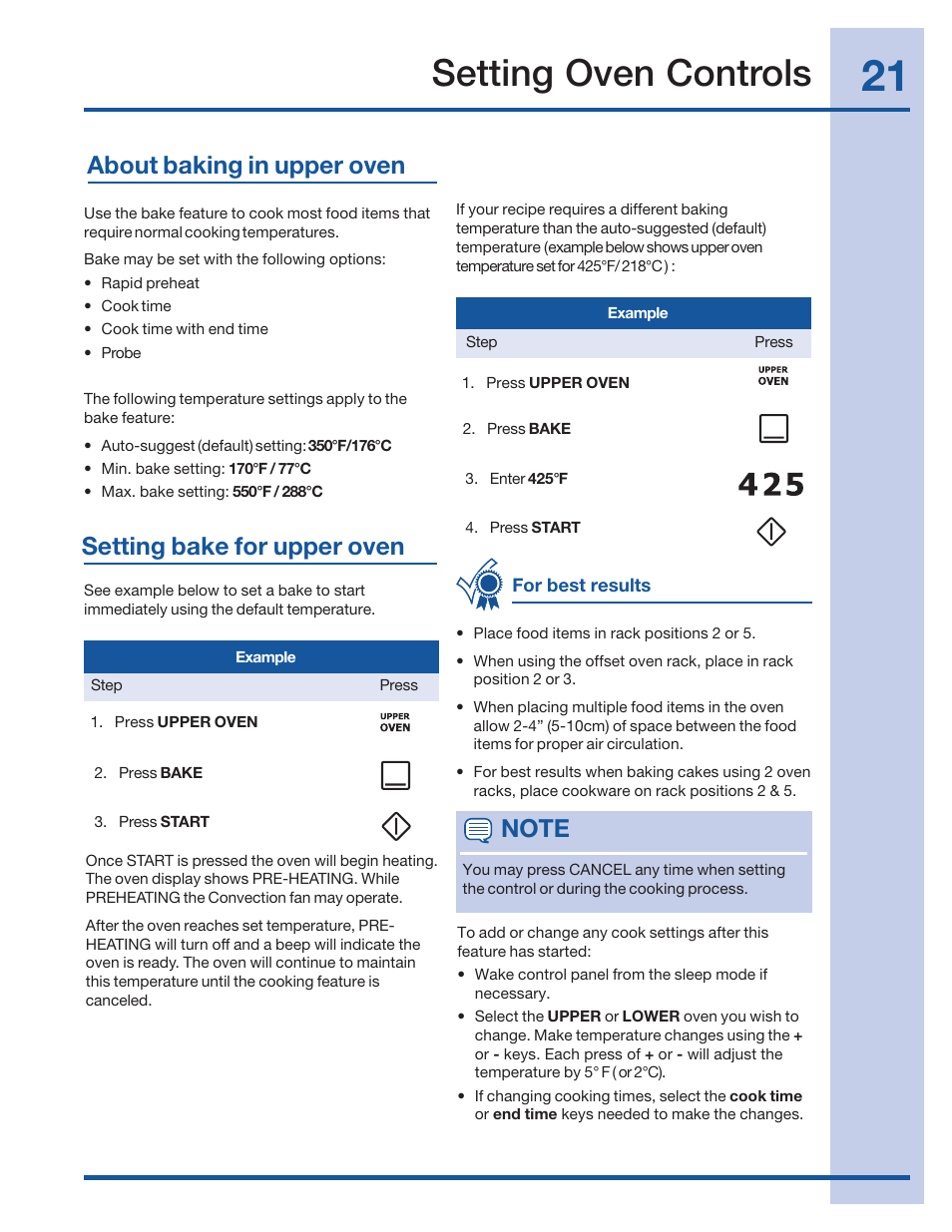 Setting oven controls, Setting bake for upper oven, About baking in upper oven | Electrolux 316520101 User Manual | Page 21 / 68