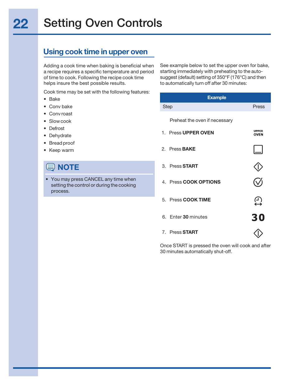 Setting oven controls, Using cook time in upper oven | Electrolux 316520101 User Manual | Page 22 / 68