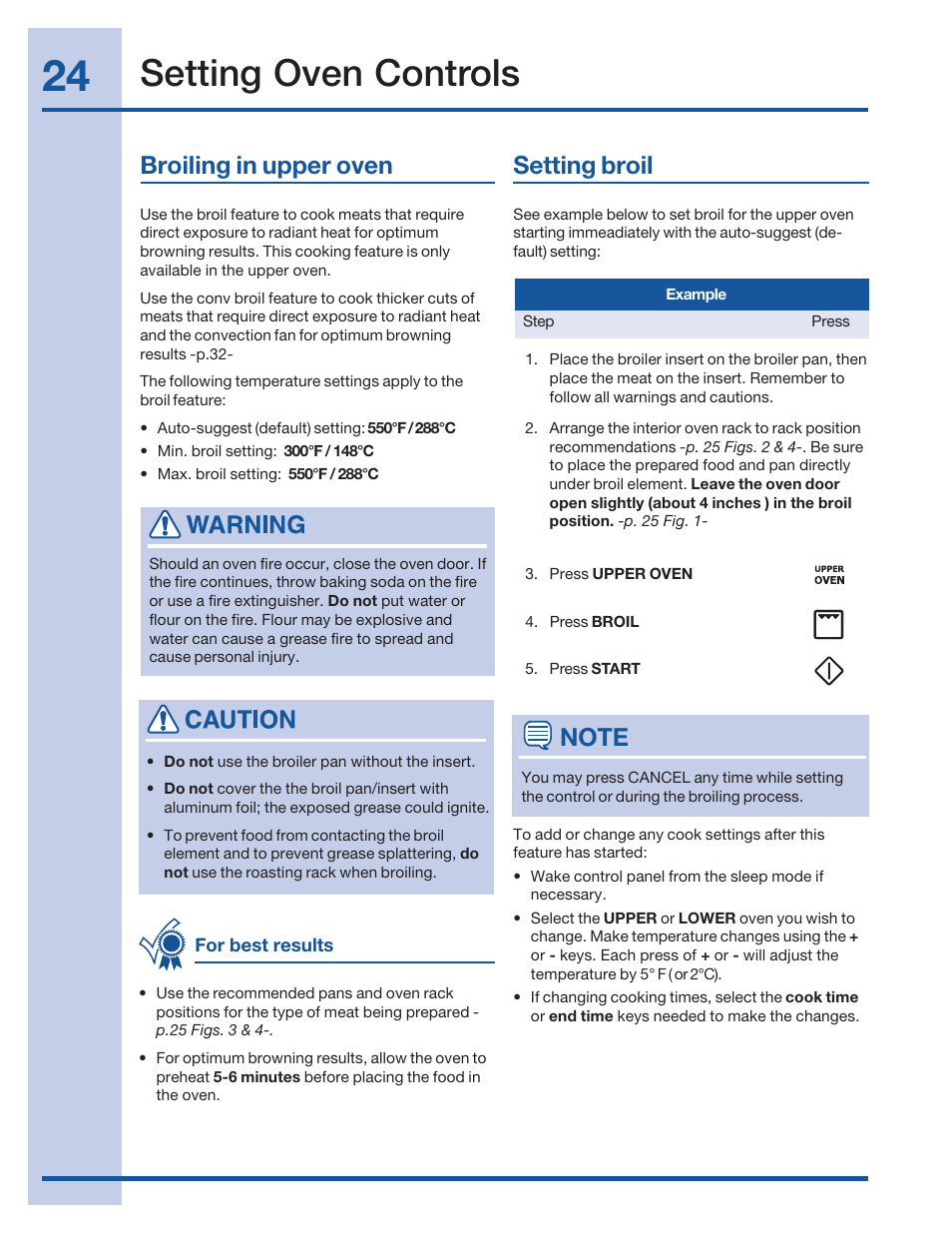 Setting oven controls, Broiling in upper oven, Setting broil | Electrolux 316520101 User Manual | Page 24 / 68