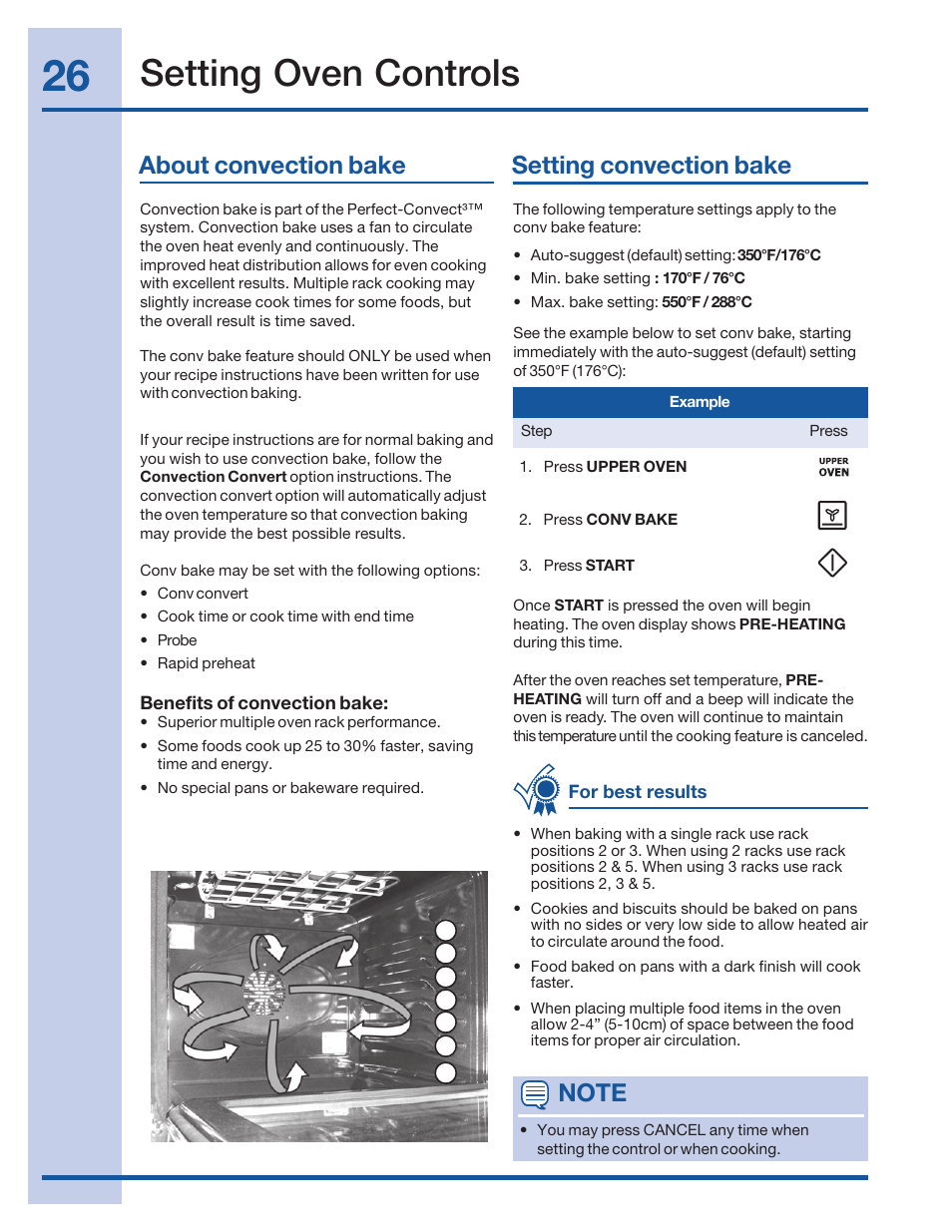 Setting oven controls, About convection bake setting convection bake | Electrolux 316520101 User Manual | Page 26 / 68