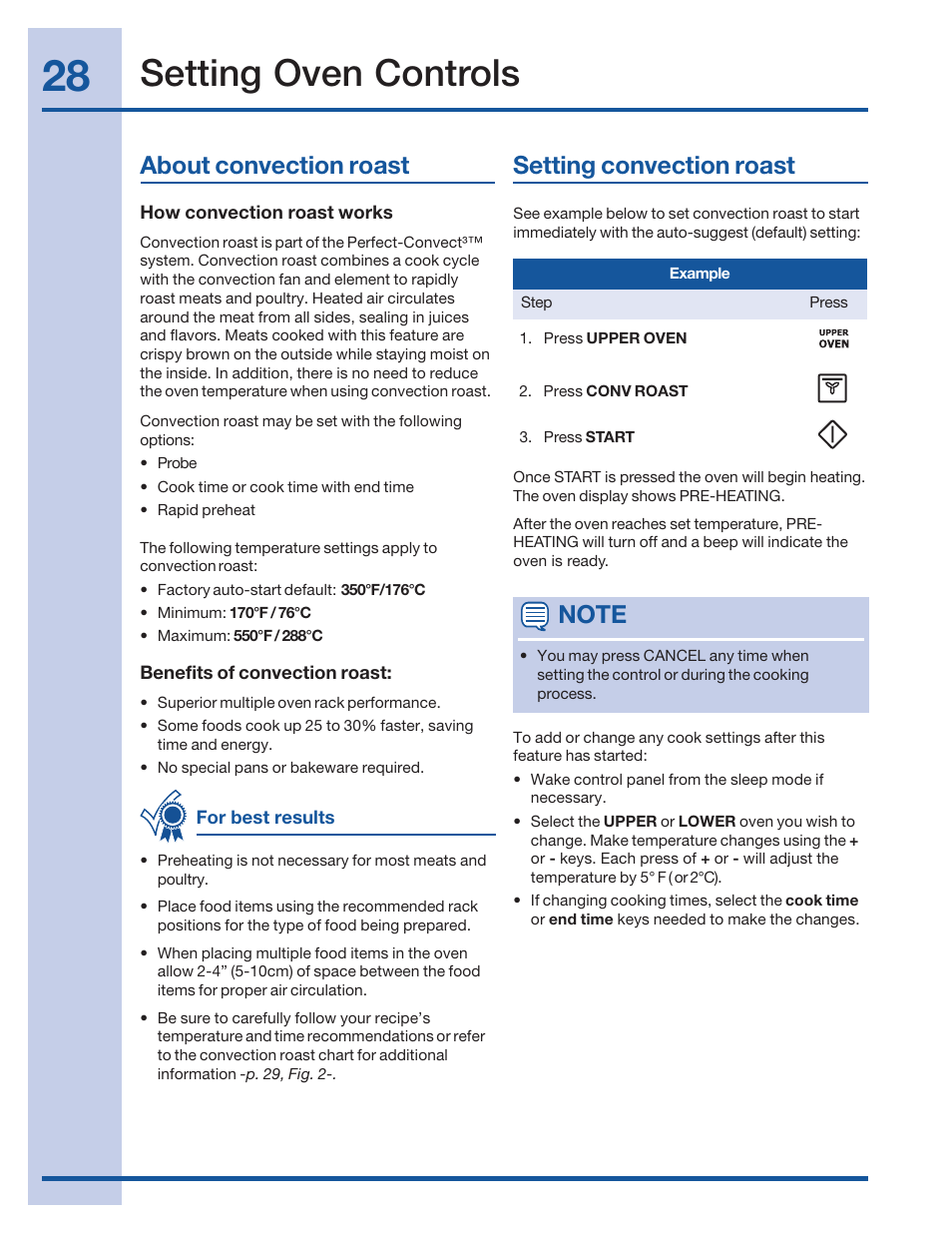 Setting oven controls, About convection roast setting convection roast | Electrolux 316520101 User Manual | Page 28 / 68