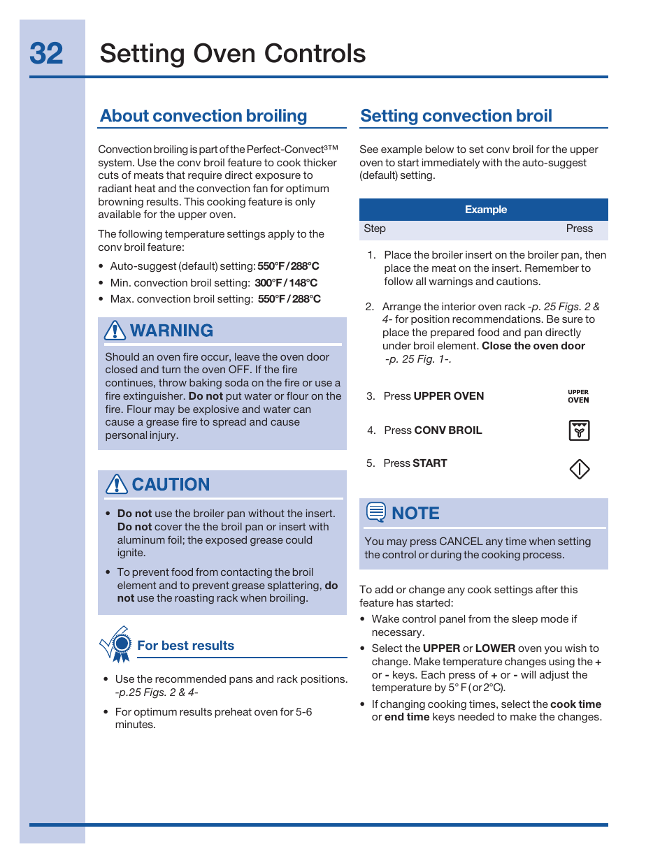 Setting oven controls, About convection broiling, Setting convection broil | Electrolux 316520101 User Manual | Page 32 / 68
