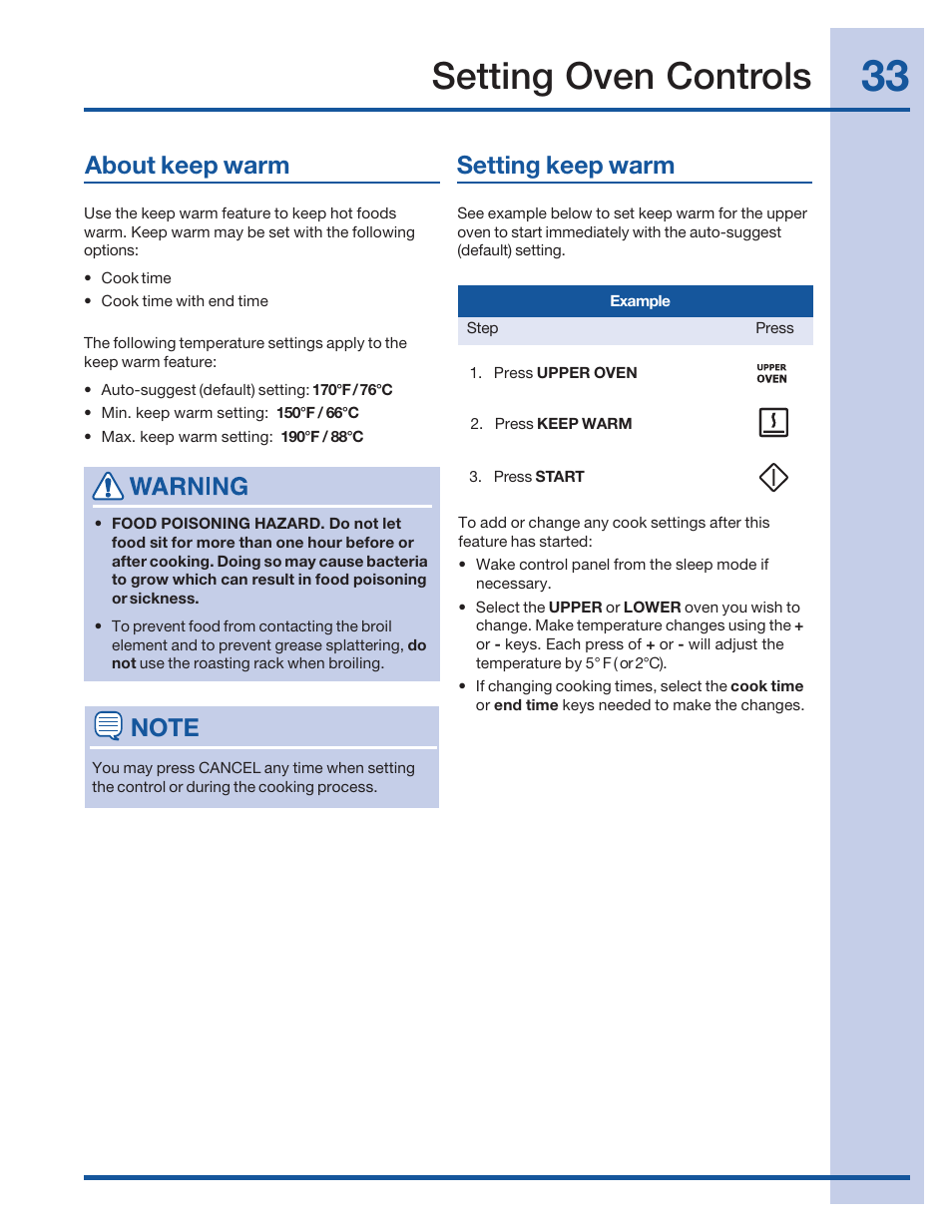 Setting oven controls, About keep warm setting keep warm | Electrolux 316520101 User Manual | Page 33 / 68