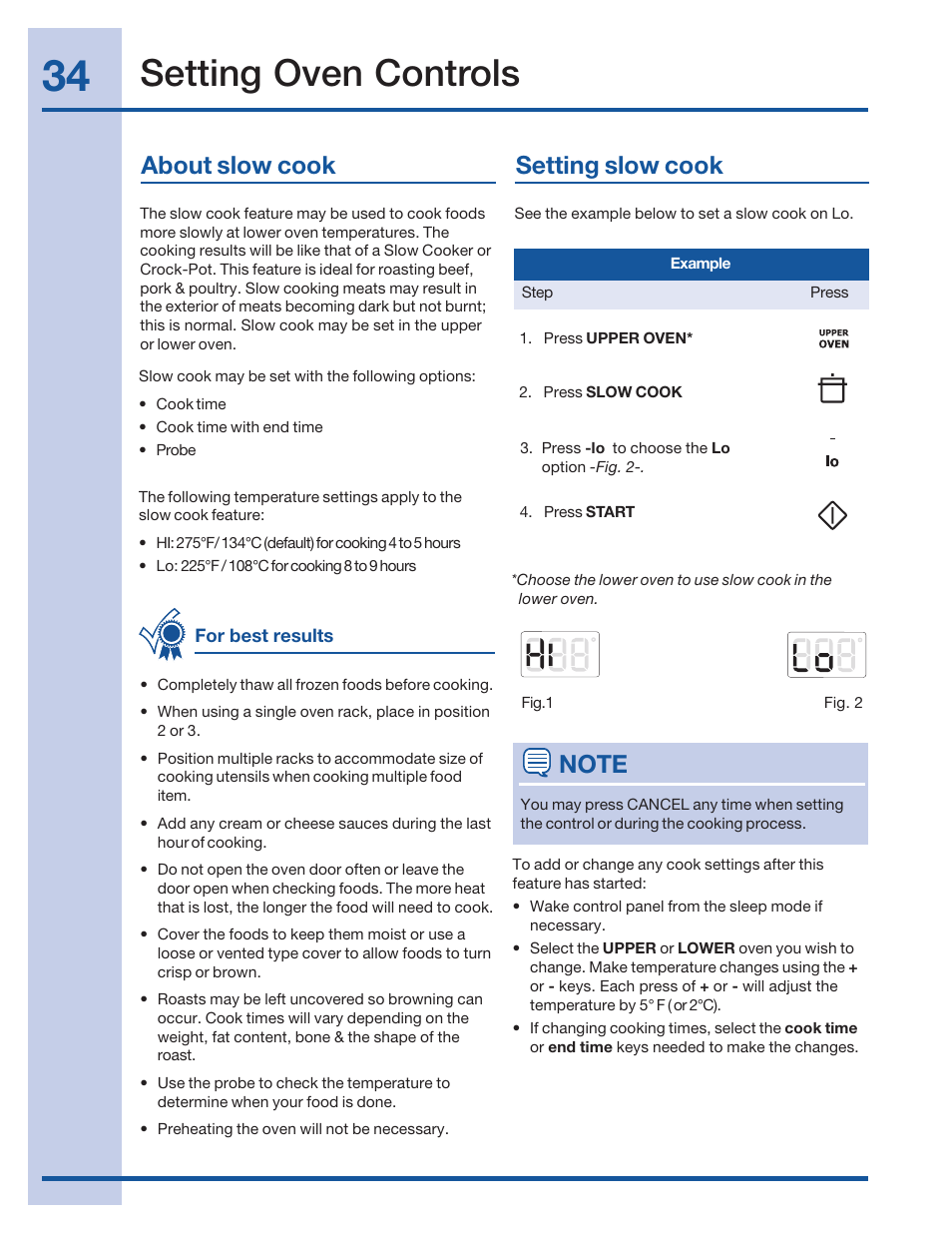 Setting oven controls, About slow cook setting slow cook | Electrolux 316520101 User Manual | Page 34 / 68