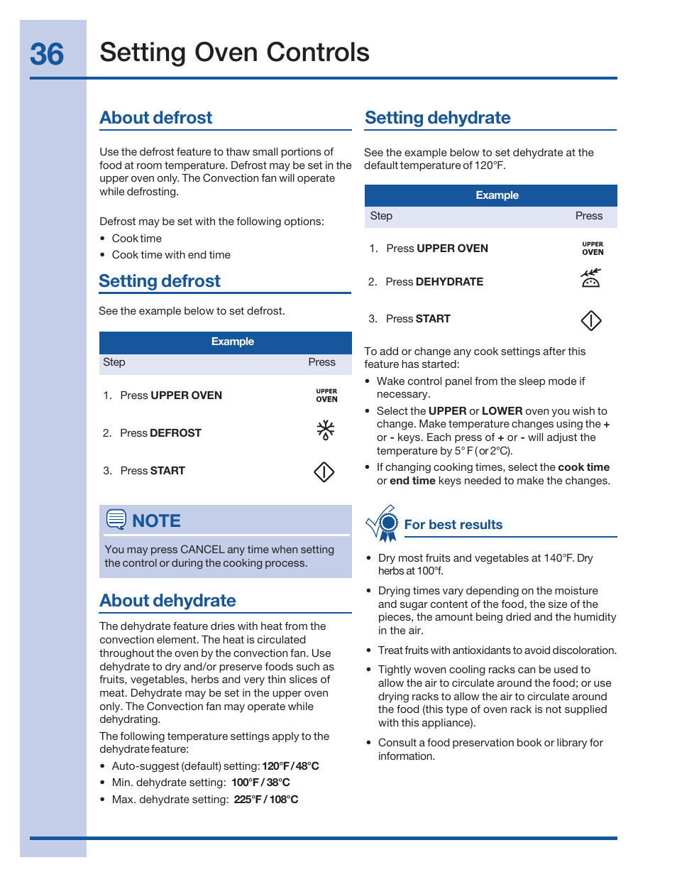 Setting oven controls, About defrost setting defrost about dehydrate, Setting dehydrate | Electrolux 316520101 User Manual | Page 36 / 68