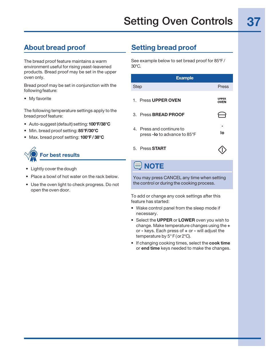 Setting oven controls, About bread proof setting bread proof | Electrolux 316520101 User Manual | Page 37 / 68