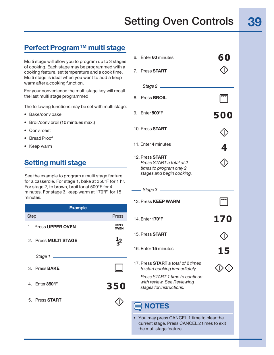 Setting oven controls, Setting multi stage, Perfect program™ multi stage | Electrolux 316520101 User Manual | Page 39 / 68