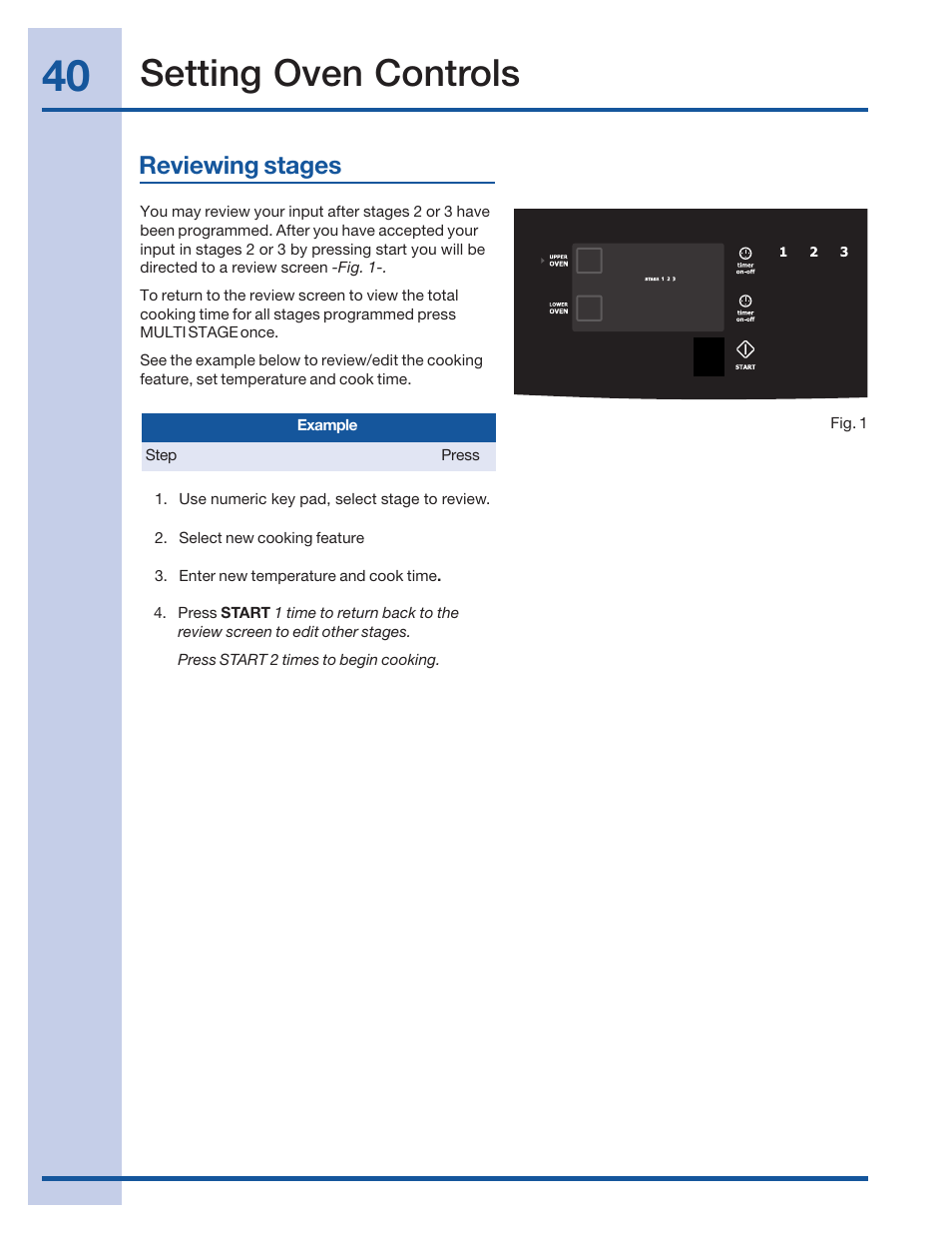 Setting oven controls, Reviewing stages | Electrolux 316520101 User Manual | Page 40 / 68