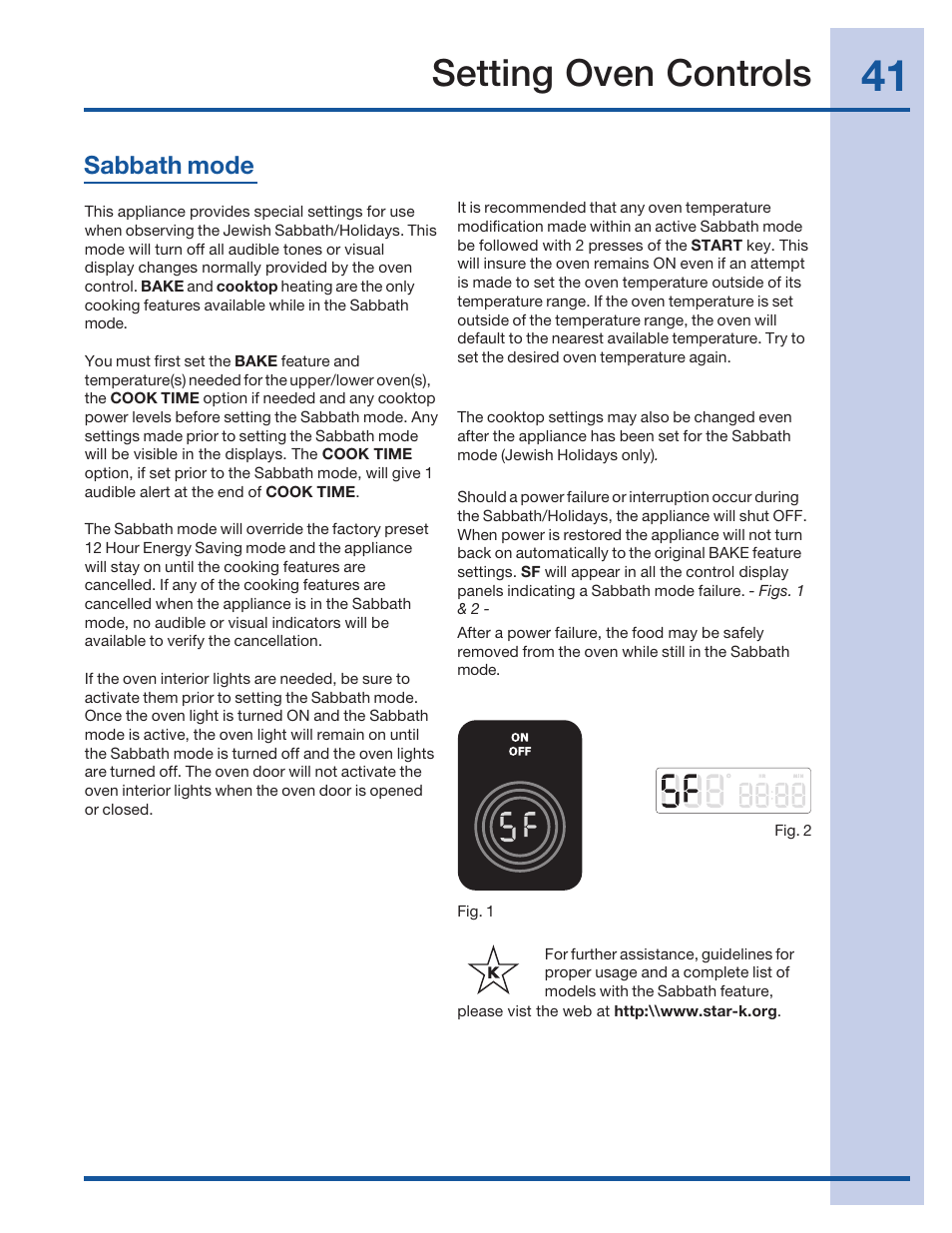Setting oven controls, Sabbath mode | Electrolux 316520101 User Manual | Page 41 / 68