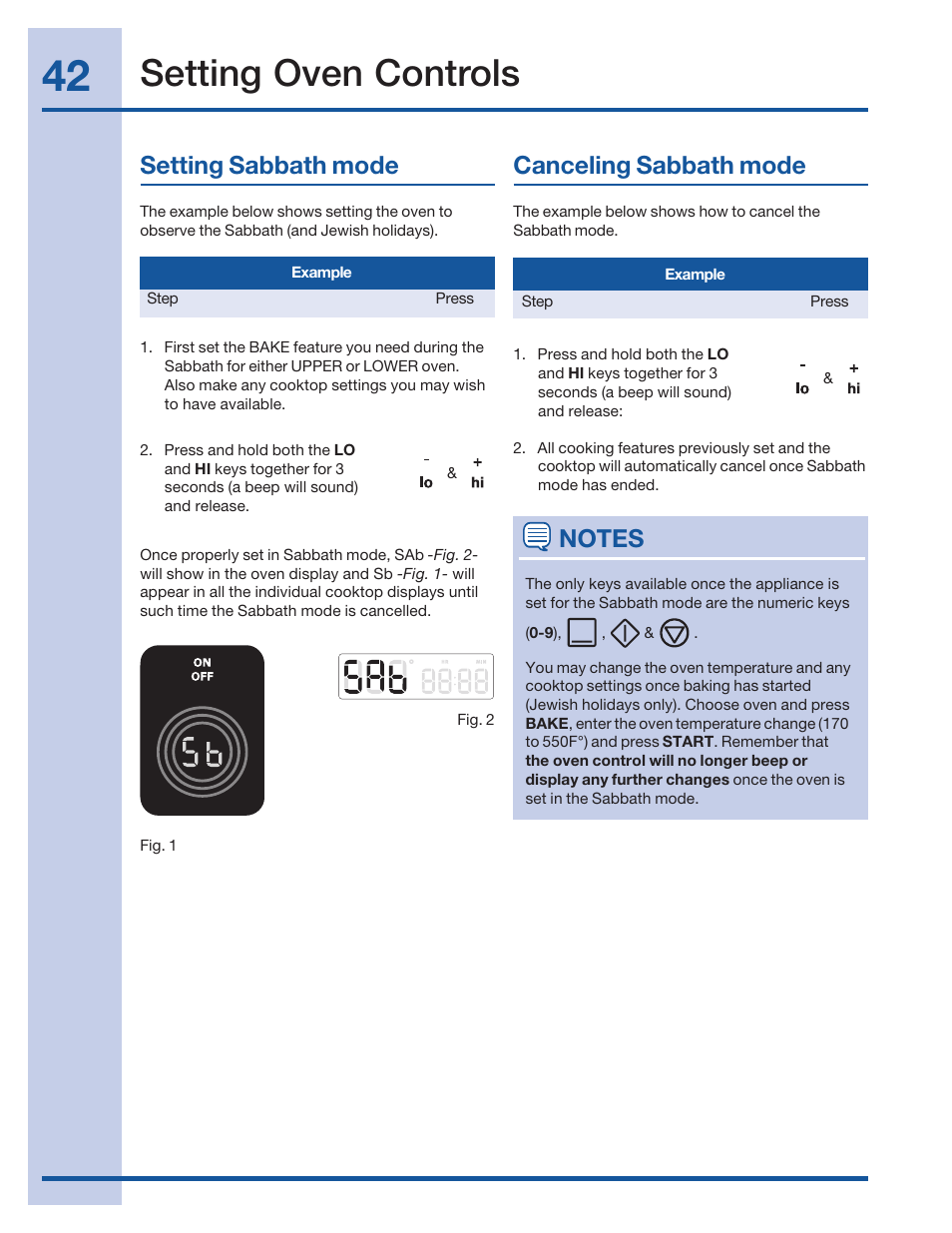 Setting oven controls, Setting sabbath mode, Canceling sabbath mode | Electrolux 316520101 User Manual | Page 42 / 68