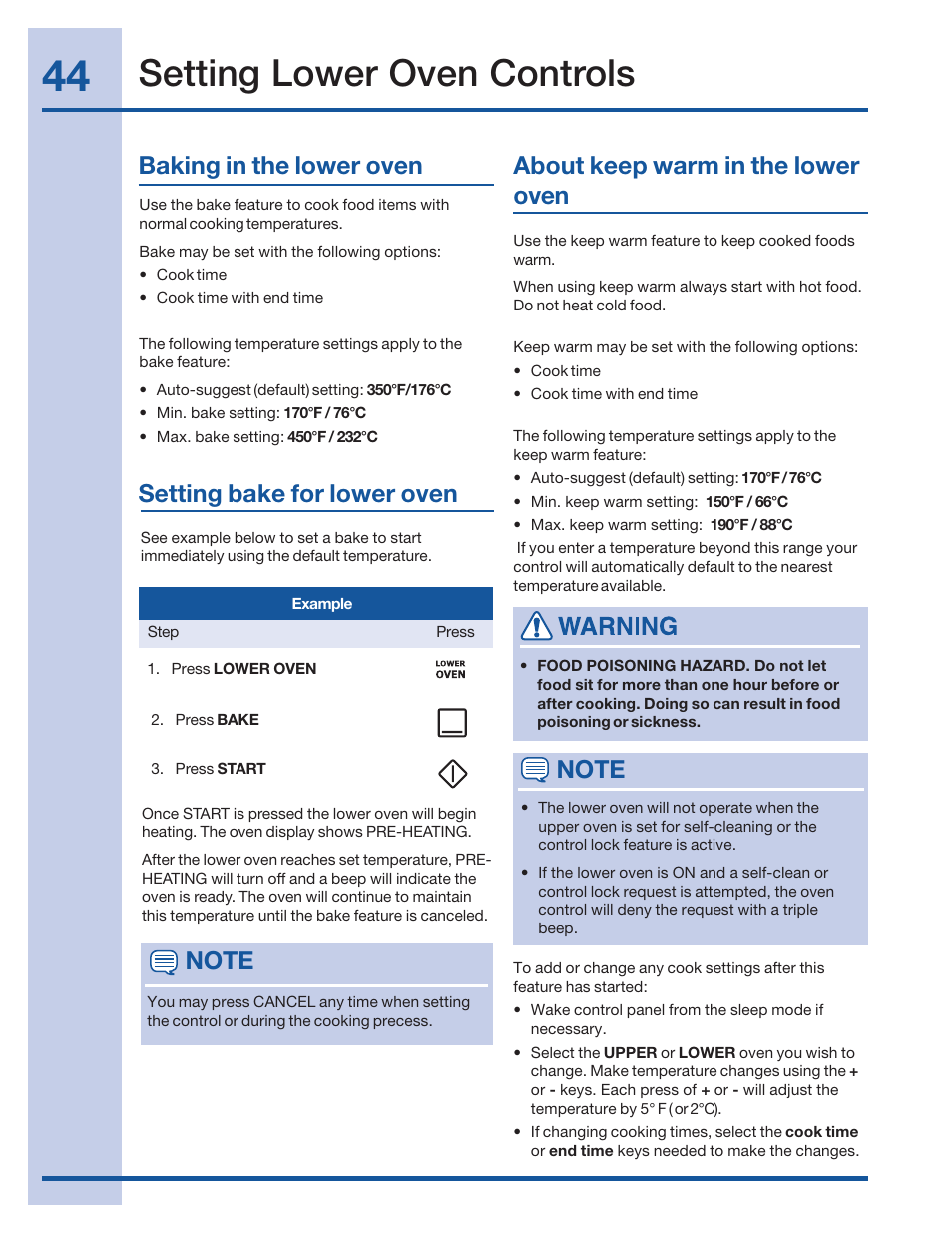 Setting lower oven controls, Baking in the lower oven, Setting bake for lower oven | About keep warm in the lower oven | Electrolux 316520101 User Manual | Page 44 / 68