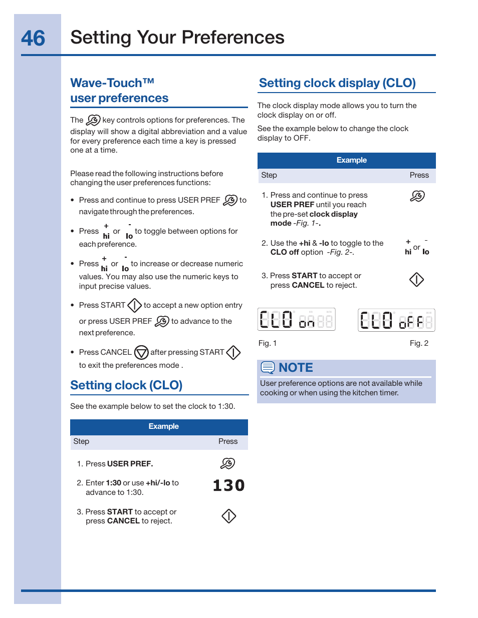 Setting your preferences, Setting clock display (clo), Wave-touch™ user preferences | Setting clock (clo) | Electrolux 316520101 User Manual | Page 46 / 68