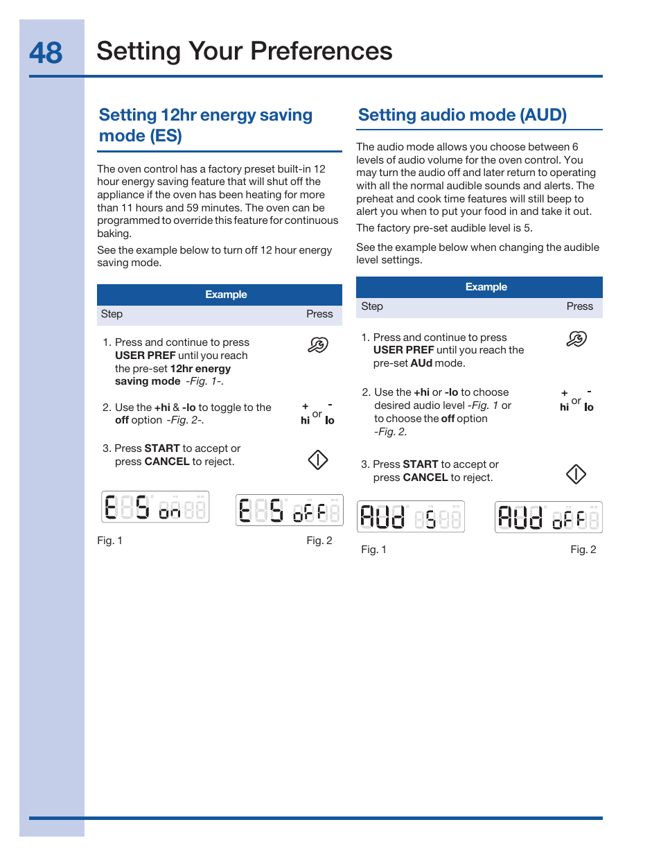 Setting your preferences, Setting 12hr energy saving mode (es), Setting audio mode (aud) | Electrolux 316520101 User Manual | Page 48 / 68