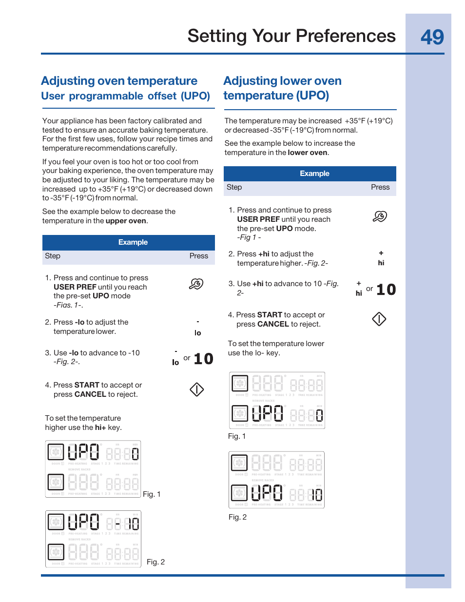 Setting your preferences, Adjusting oven temperature, Adjusting lower oven temperature (upo) | User programmable offset (upo) | Electrolux 316520101 User Manual | Page 49 / 68