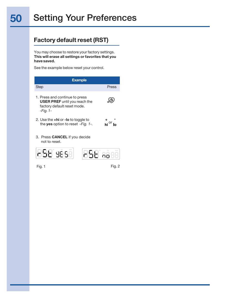 Setting your preferences, Factory default reset (rst) | Electrolux 316520101 User Manual | Page 50 / 68