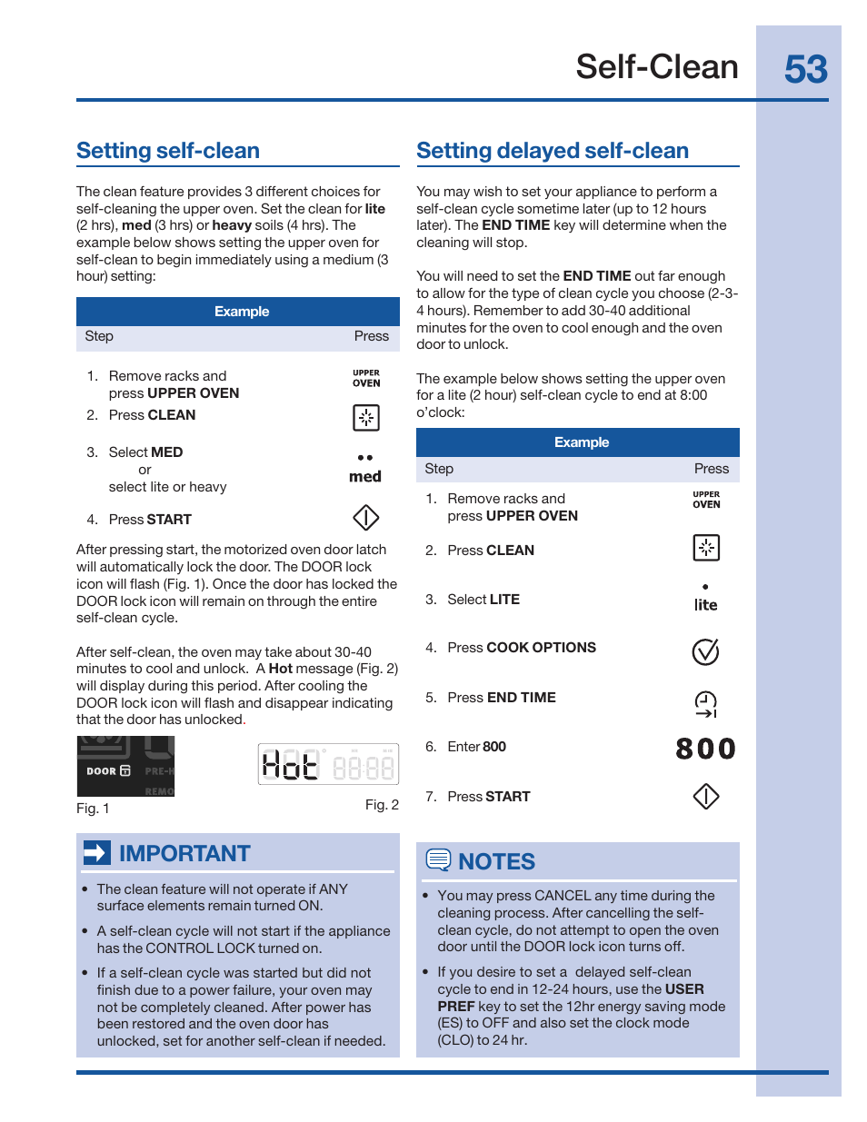 Self-clean, Setting self-clean, Setting delayed self-clean | Important | Electrolux 316520101 User Manual | Page 53 / 68