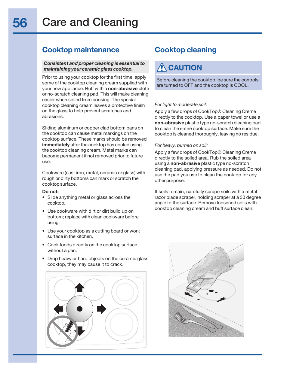 Care and cleaning, Cooktop maintenance cooktop cleaning | Electrolux 316520101 User Manual | Page 56 / 68