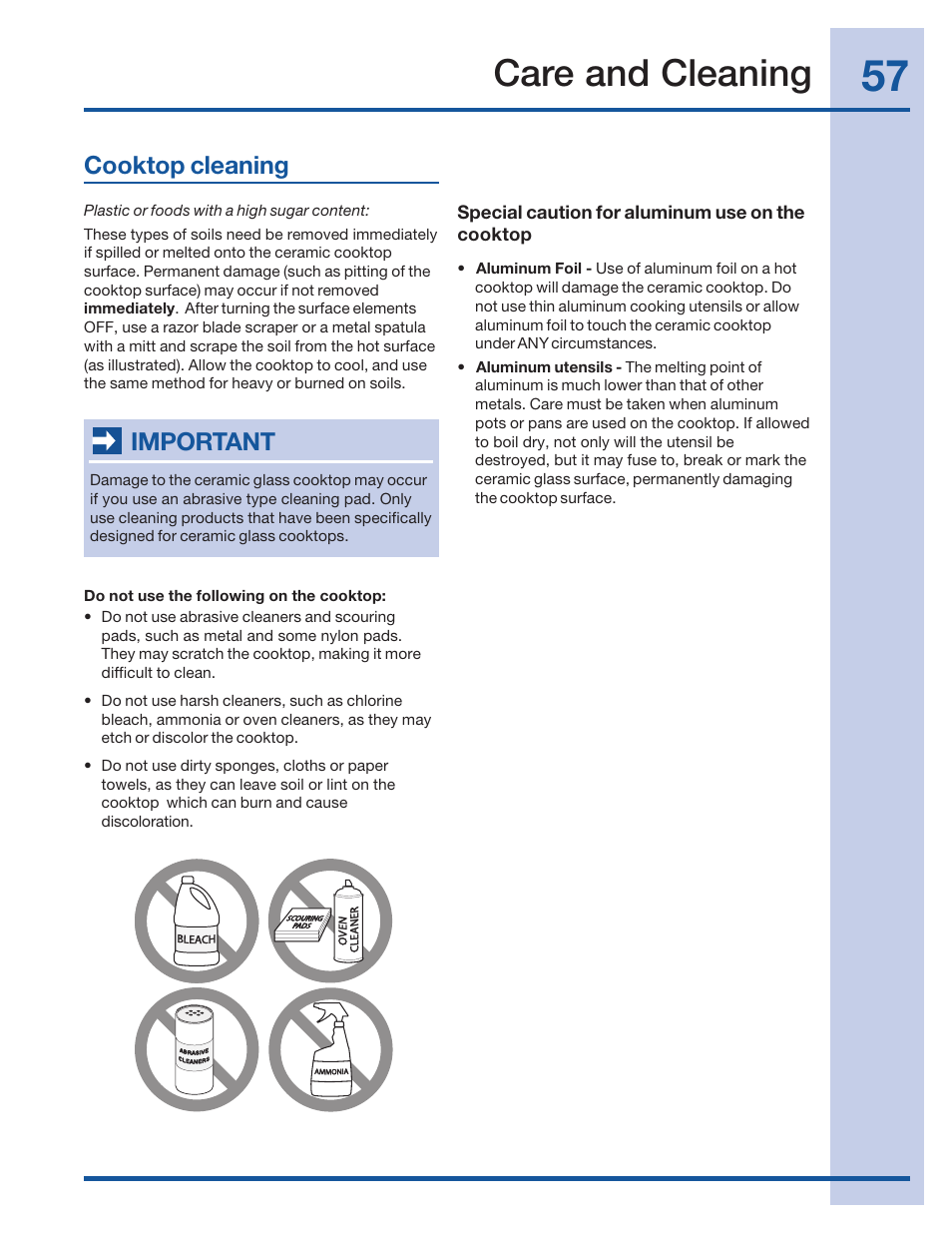 Care and cleaning, Cooktop cleaning, Important | Electrolux 316520101 User Manual | Page 57 / 68