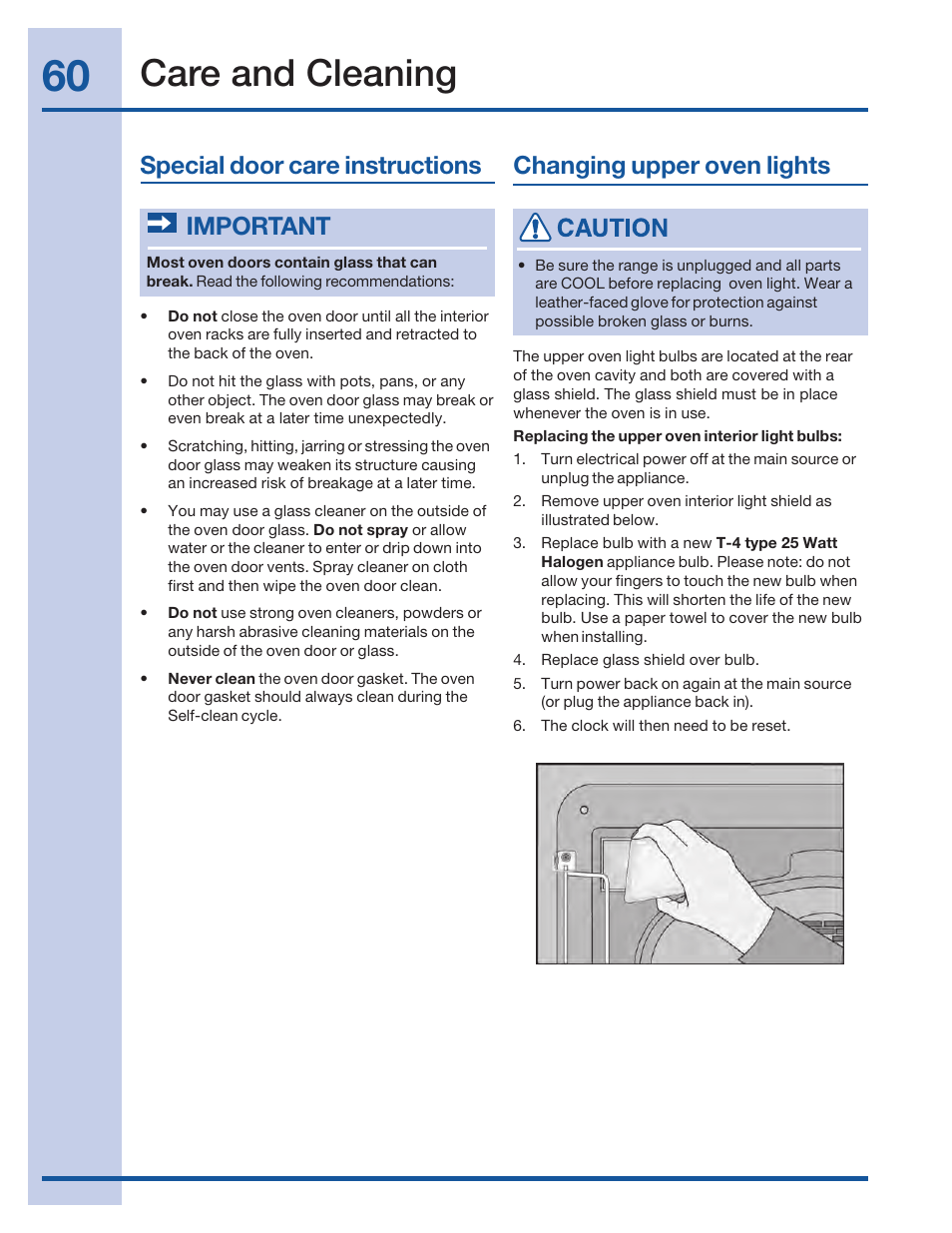 Care and cleaning, Special door care instructions important, Changing upper oven lights | Electrolux 316520101 User Manual | Page 60 / 68
